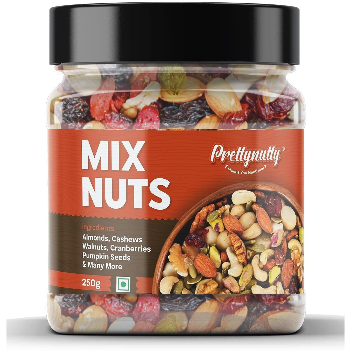 PrettyNutty Healthy Nutmix 250g, Dried Almonds, Black Raisins, Cashewnuts, Cranberries, Green Raisins, Walnut Kernels & Many More.