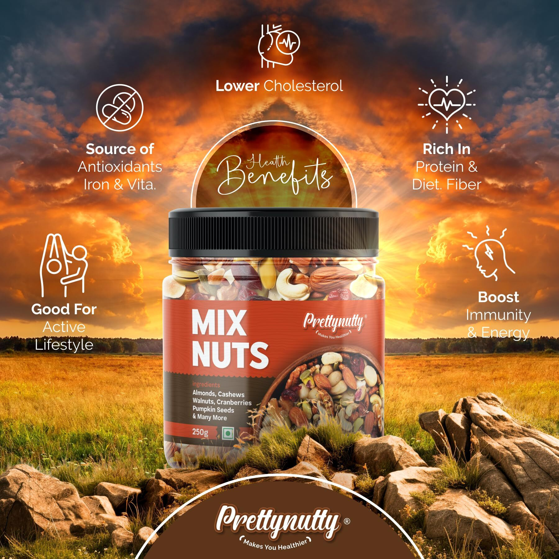 PrettyNutty Healthy Nutmix 250g, Dried Almonds, Black Raisins, Cashewnuts, Cranberries, Green Raisins, Walnut Kernels & Many More.