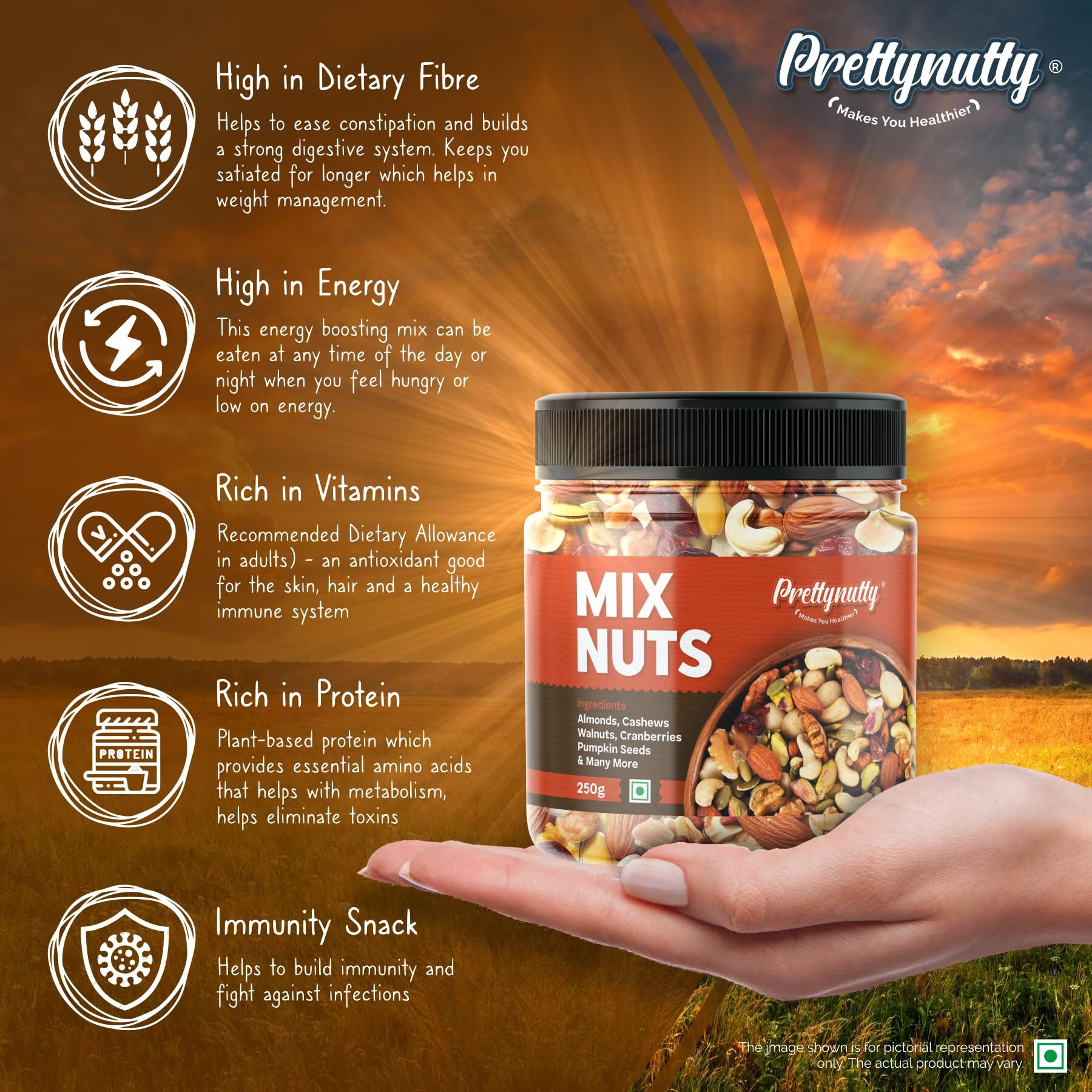 PrettyNutty Healthy Nutmix 250g, Dried Almonds, Black Raisins, Cashewnuts, Cranberries, Green Raisins, Walnut Kernels & Many More.