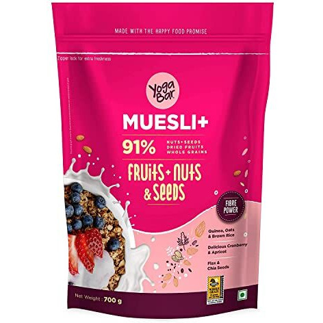 Yogabar Muesli Fruit And Nuts - 93% Wholegrain Breakfast Cereals With Oats, Dry Fruits, And Nuts & Seeds, High In Omega 3, Gluten Free Granola With Chia And Flax Seeds (700G - Pack Of 2)