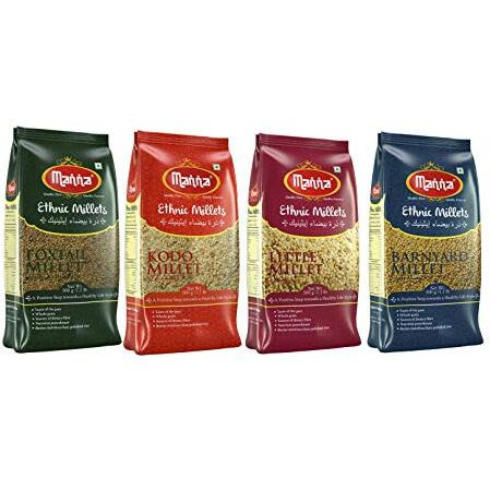 Manna Millets 2Kg Combo Pack of 4, Unpolished Millets, Siridhanya,Certified Low GI,Foxtail 500g, Kodo 500g, Little 500g, Barnyard 500g. Natural Grains