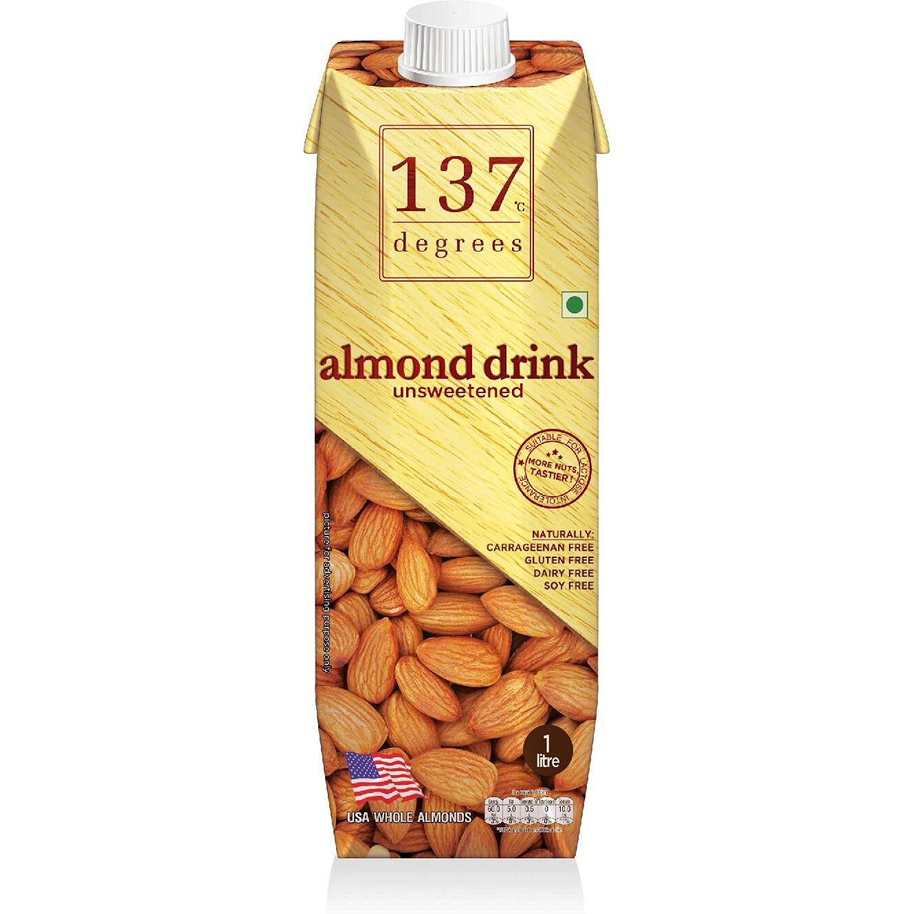 137 Degrees Almond Drink Unsweetened | Lactose Free | Gluten Free | No Preservatives | Zero Cholesterol | Dairy Free| Source of Calcium & Vitamins - PACK OF 1 (1L)