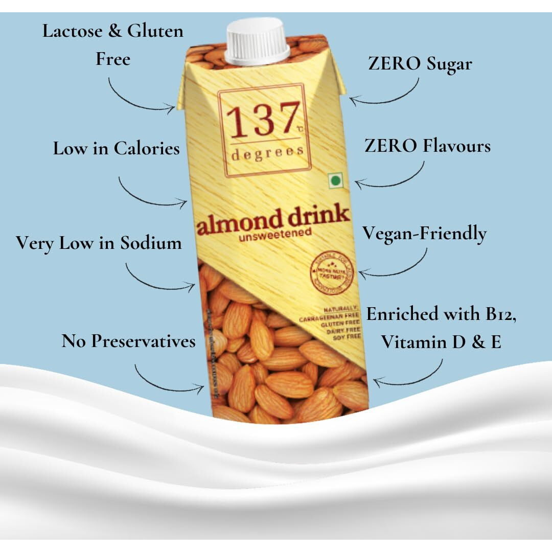 137 Degrees Almond Drink Unsweetened | Lactose Free | Gluten Free | No Preservatives | Zero Cholesterol | Dairy Free| Source of Calcium & Vitamins - PACK OF 1 (1L)