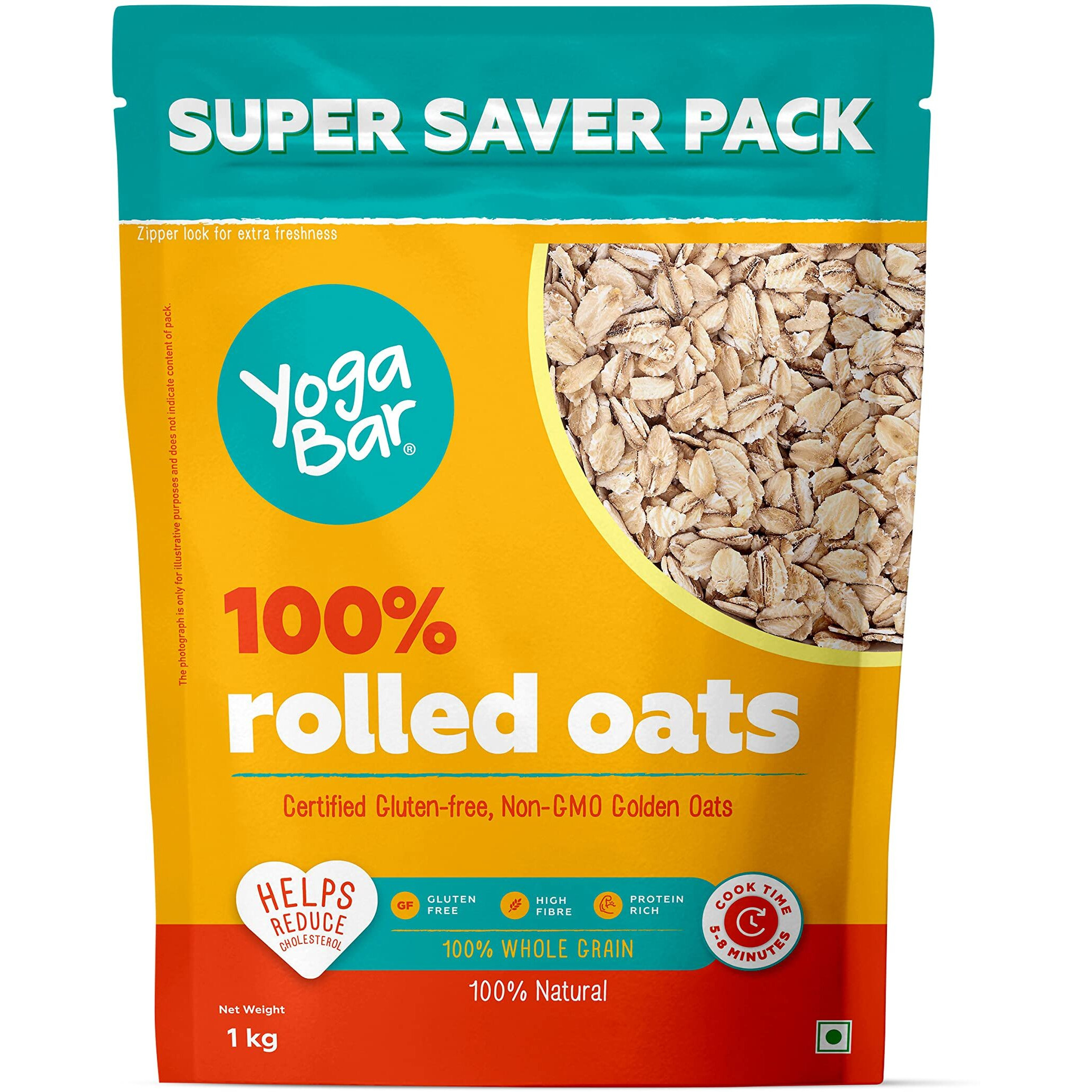 Yogabar 100% Rolled Oats 1 kg Pouch | Premium Golden Rolled Oats, Gluten Free Oats with High Fibre, Non GMO | Healthy Food with No Added Sugar | Diet Food for Weight Management - 1 kg