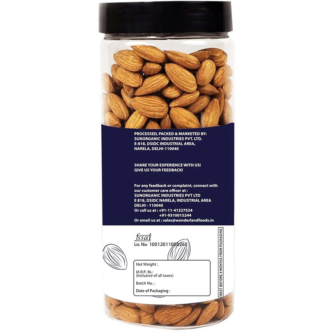 Wonderland Foods Premium California Nonpareil Hand Picked Almonds 500g Jar Pack | Badam Giri | Nutritious & Delicious High in Fiber & Boost Immunity | Real Nuts | Gluten Free