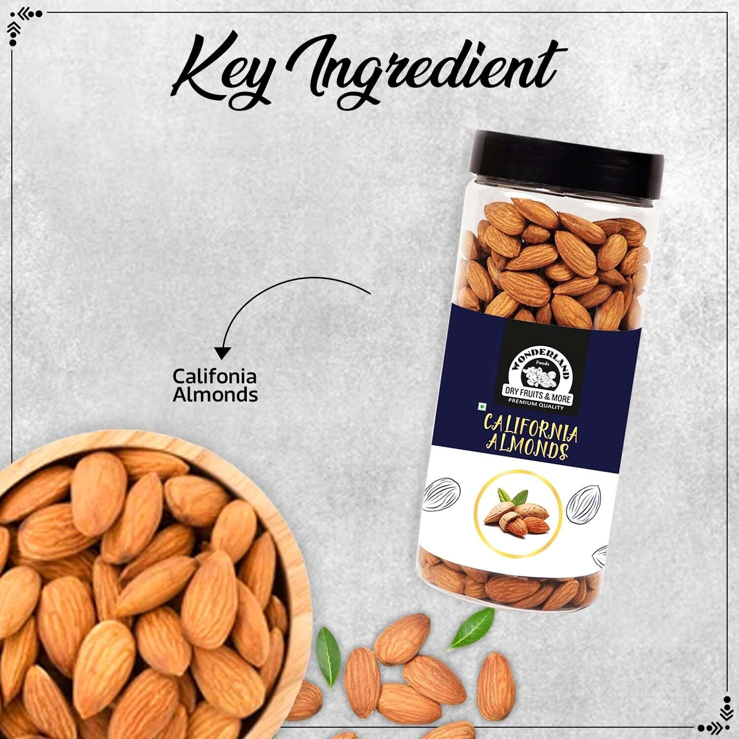 Wonderland Foods Premium California Nonpareil Hand Picked Almonds 500g Jar Pack | Badam Giri | Nutritious & Delicious High in Fiber & Boost Immunity | Real Nuts | Gluten Free