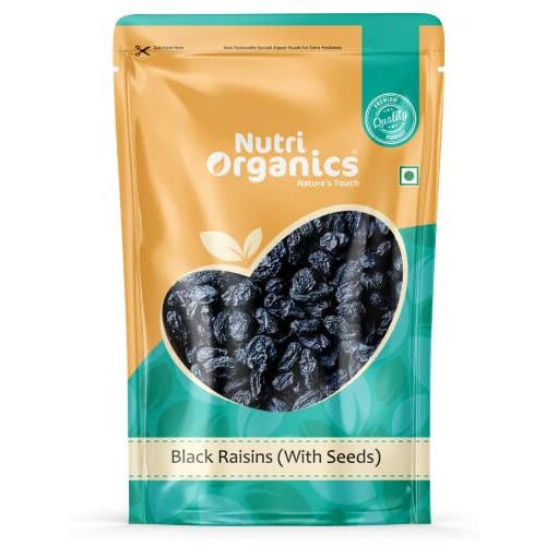 Nutri Organics Dry Fruits Black Raisins With Seeds For More Benefits 500 gram - Kala Manuka Kali Draksh - Ziplock Pouch