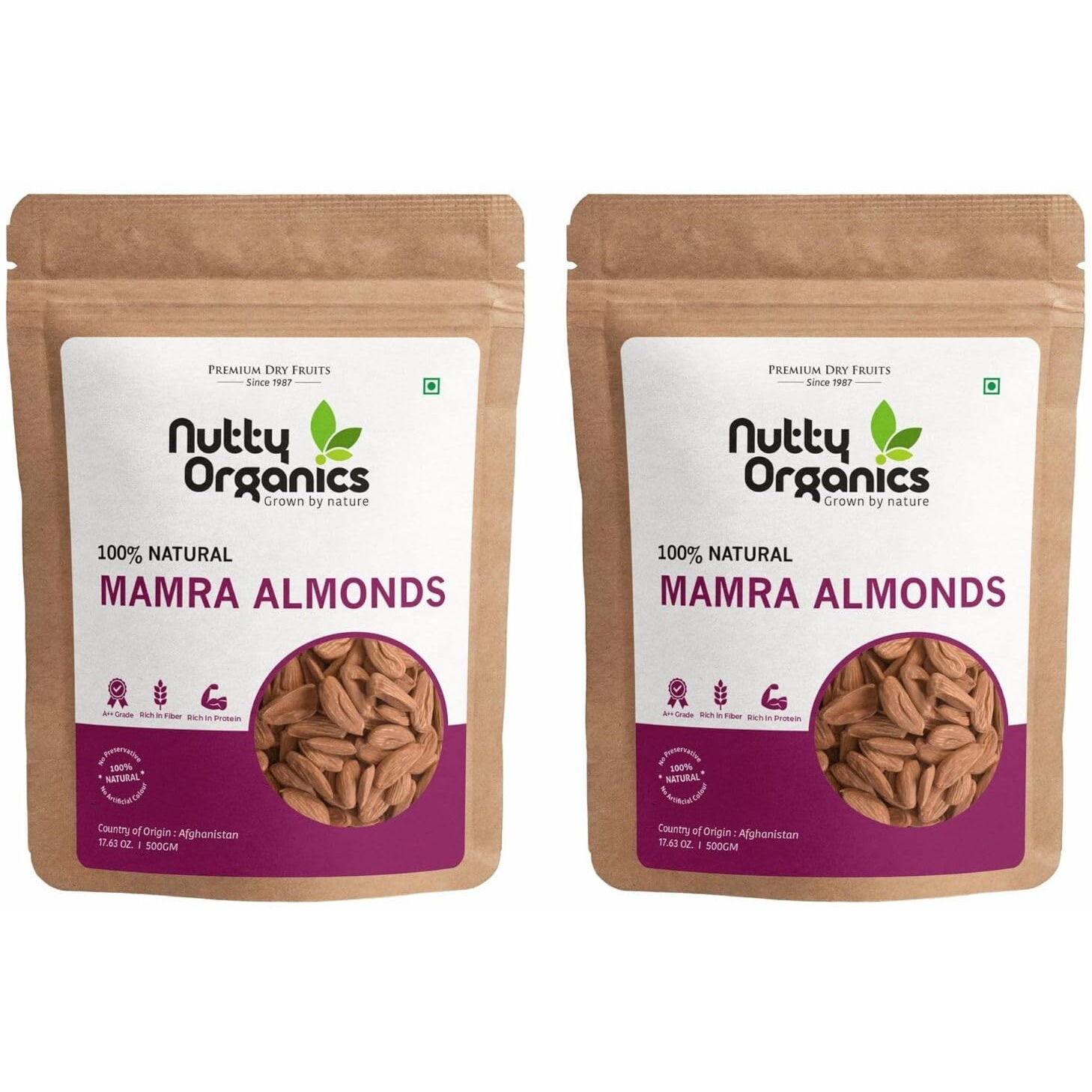 Nutty Organics Almonds Mamra - 1KG (Grade A ++ Nuts, Premium,Rich In Oil, Imported) Richest Natural Source of Vitamins, Magnesium & Protien | Special Mamra Badam Giri (500 GM*2)