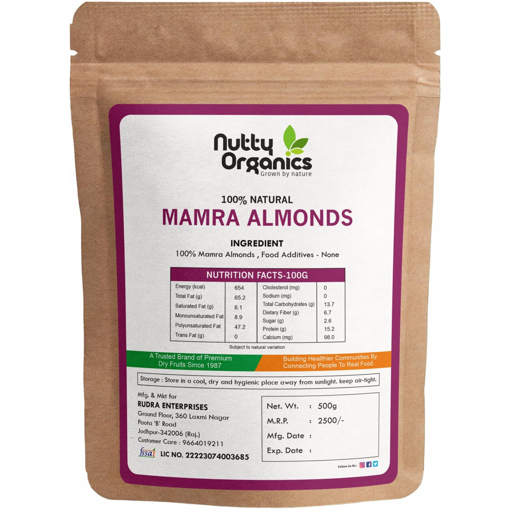 Nutty Organics Almonds Mamra - 1KG (Grade A ++ Nuts, Premium,Rich In Oil, Imported) Richest Natural Source of Vitamins, Magnesium & Protien | Special Mamra Badam Giri (500 GM*2)