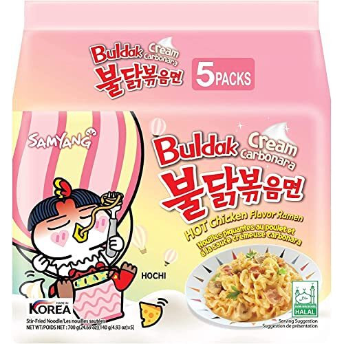 Sam Yang Buldak Cream Carbonara Hot Chiken Flavor Ramen Stir-Fired Noodle 140 grams*5Pack (Pack of 5) (Imported, Non Vegetarian)