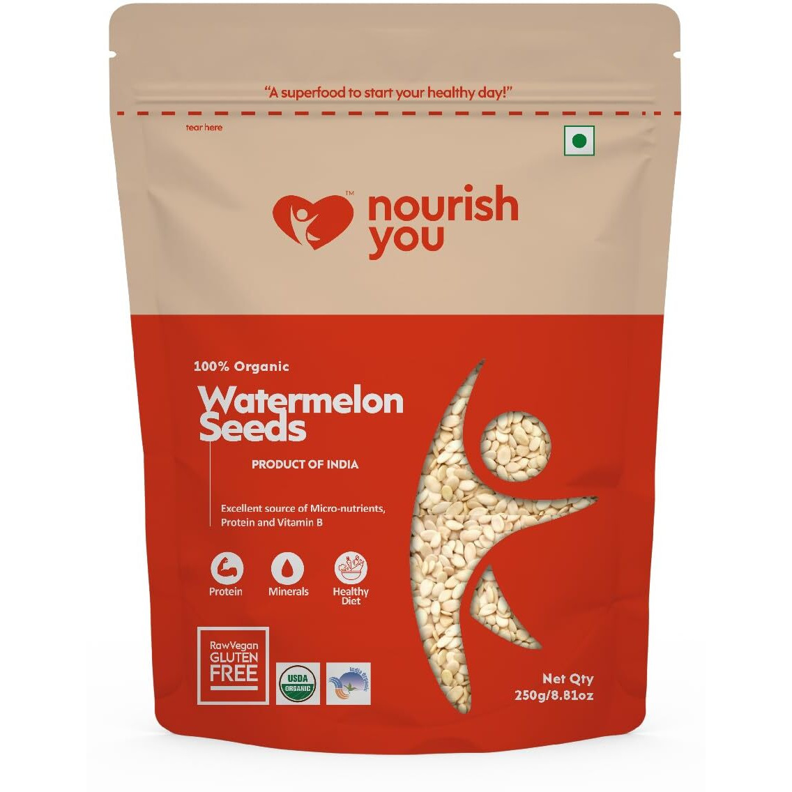 Nourish You Watermelon Seeds 250g - 100% Organic| High in Protein Seeds | Raw Watermelon Seeds for Eating | Magaj Seeds | Non - GMO | Raw seeds | Nutrients Rich | Source of Antioxidants