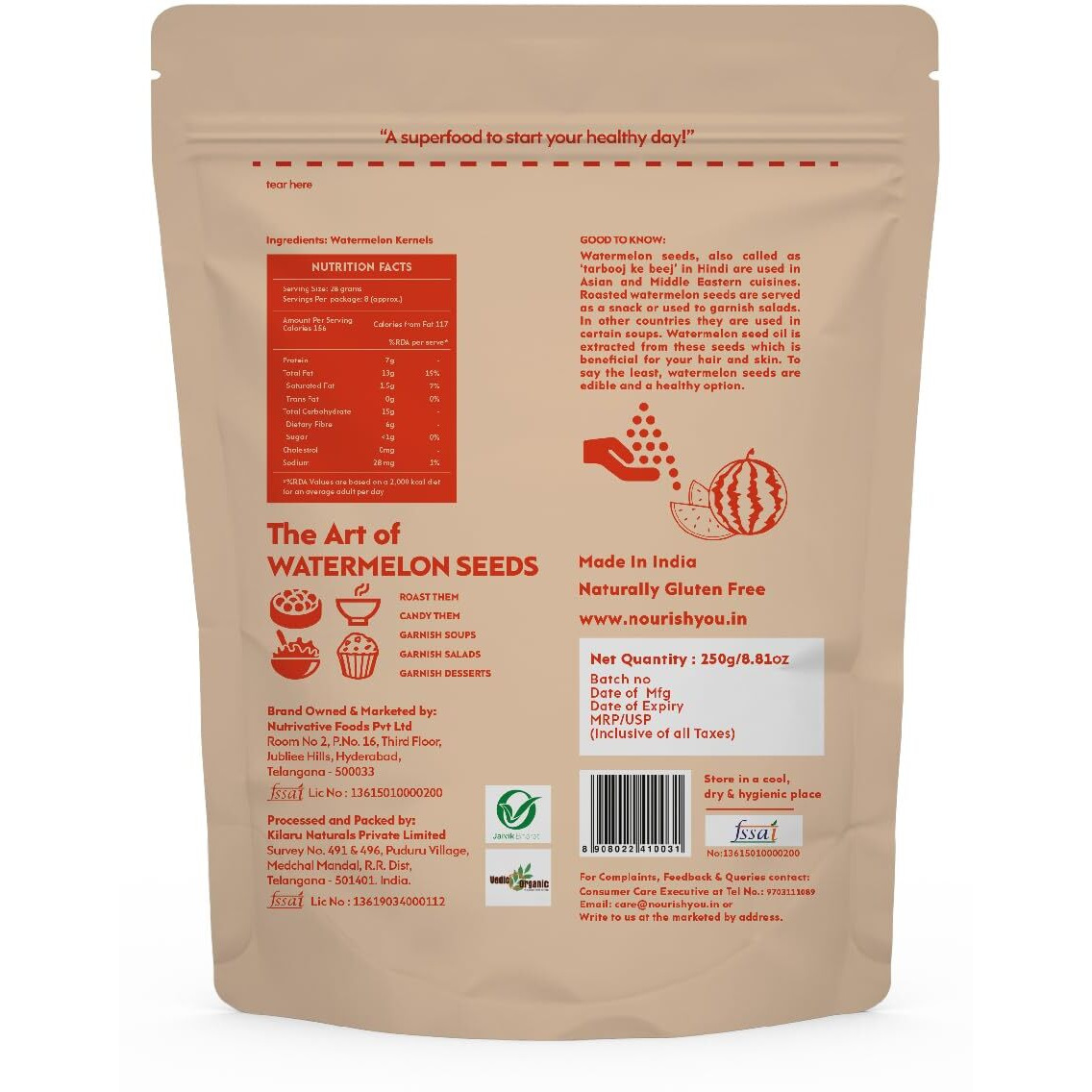 Nourish You Watermelon Seeds 250g - 100% Organic| High in Protein Seeds | Raw Watermelon Seeds for Eating | Magaj Seeds | Non - GMO | Raw seeds | Nutrients Rich | Source of Antioxidants