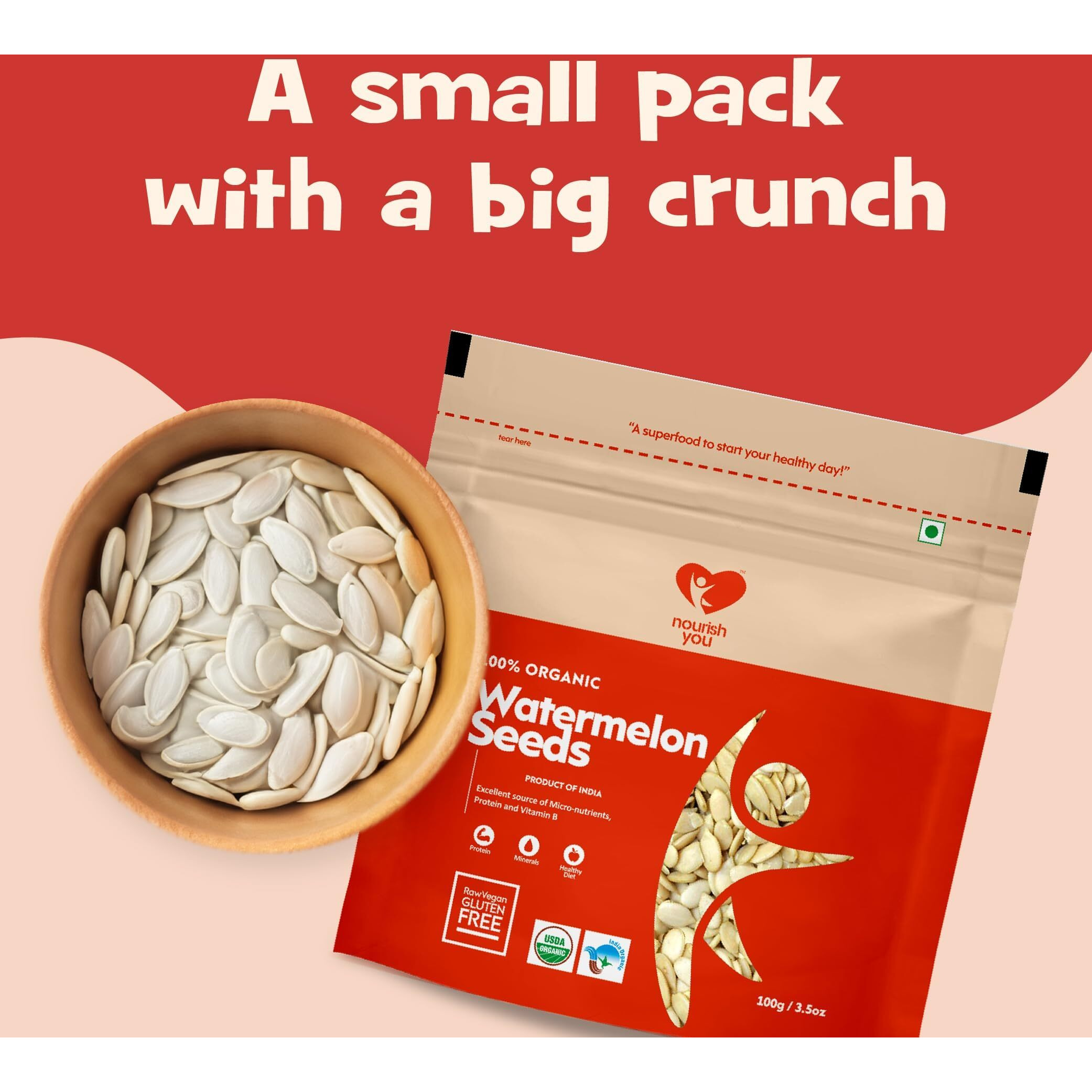 Nourish You Watermelon Seeds 250g - 100% Organic| High in Protein Seeds | Raw Watermelon Seeds for Eating | Magaj Seeds | Non - GMO | Raw seeds | Nutrients Rich | Source of Antioxidants