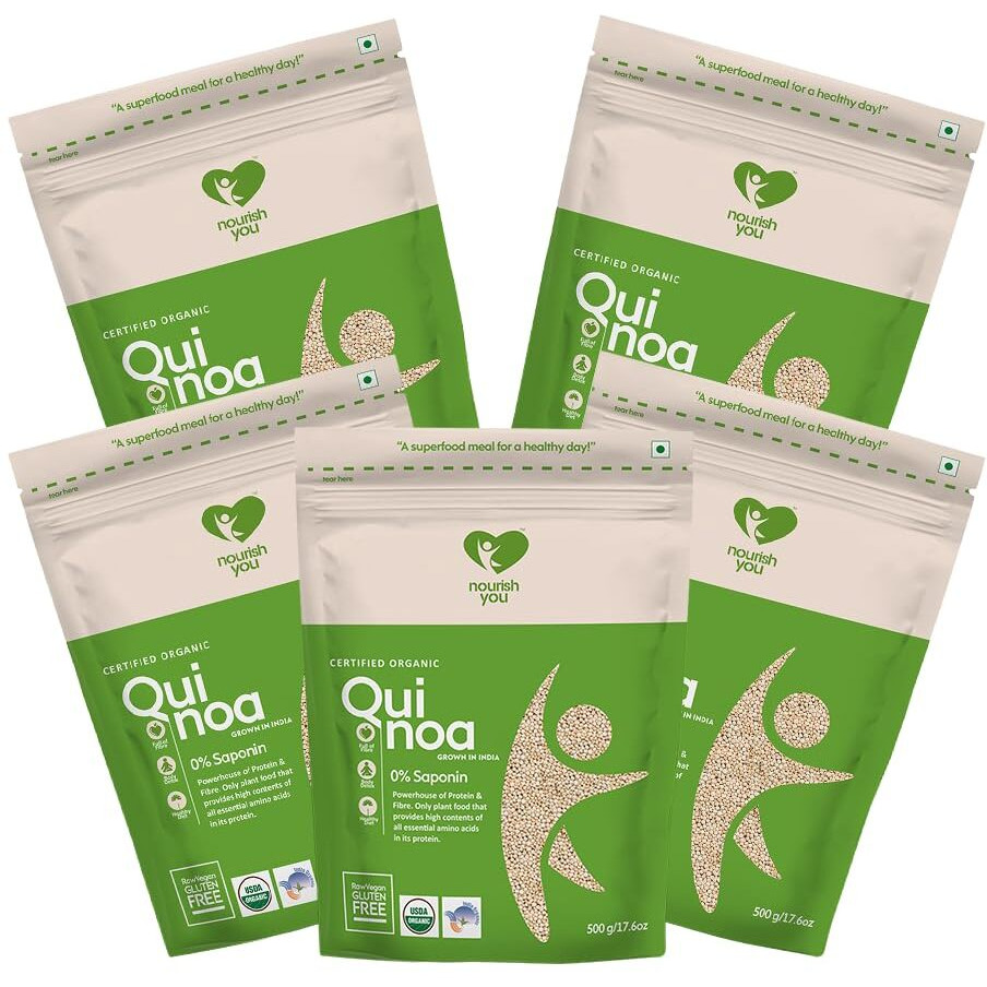 Nourish You Organic White Quinoa Seeds 2.5 Kg | Healthy Food | Gluten-Free | Saponin Free | High Protein & Fiber | Diet Food for Weight Loss | USDA Certified Grain | 100% Wholegrain Cereal | 500G x 5