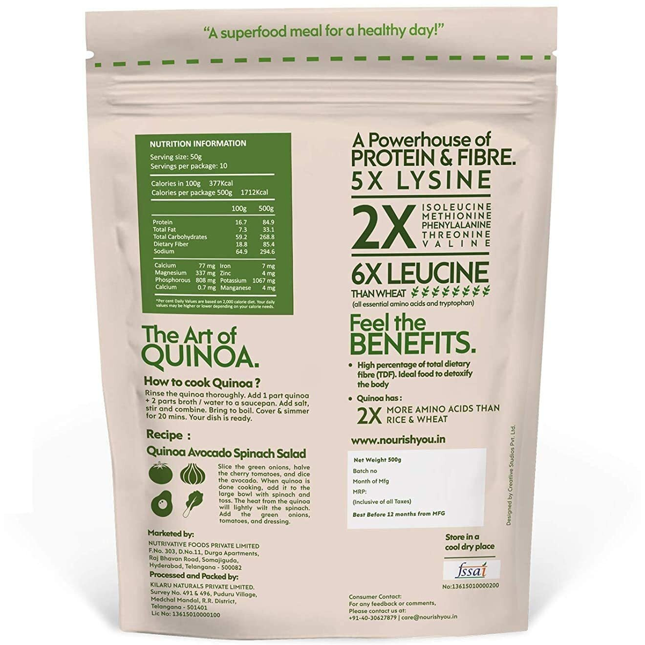 Nourish You Organic White Quinoa Seeds 2.5 Kg | Healthy Food | Gluten-Free | Saponin Free | High Protein & Fiber | Diet Food for Weight Loss | USDA Certified Grain | 100% Wholegrain Cereal | 500G x 5