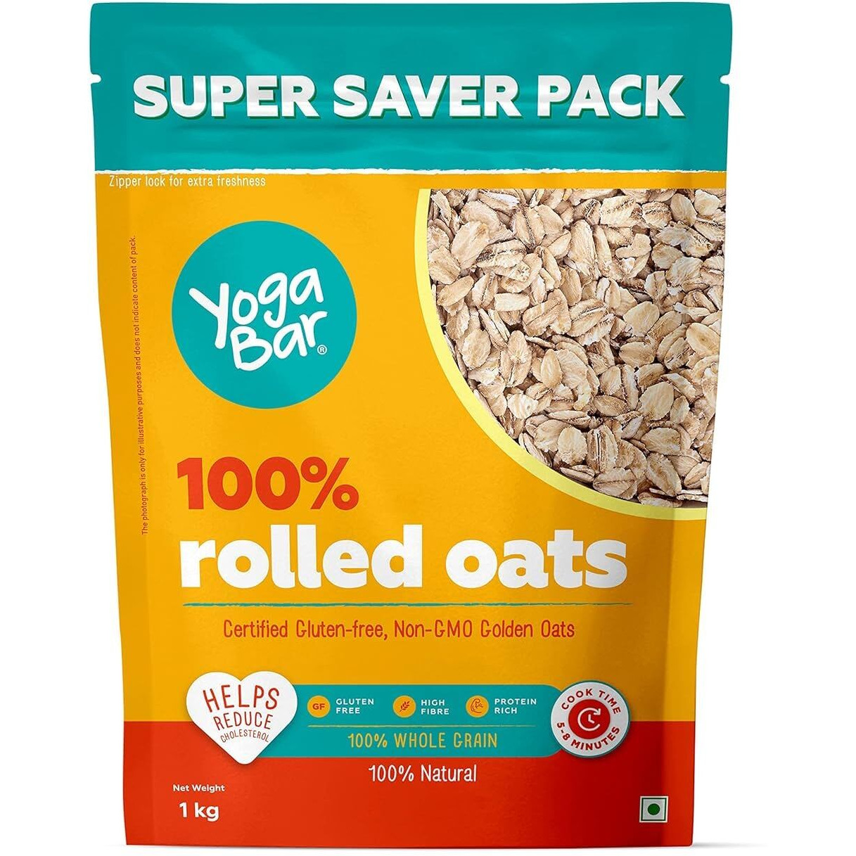 Yogabar 100% Rolled Oats 1kg, Pack of 5 | Premium Golden Rolled Oats, Gluten Free Oats with High Fibre