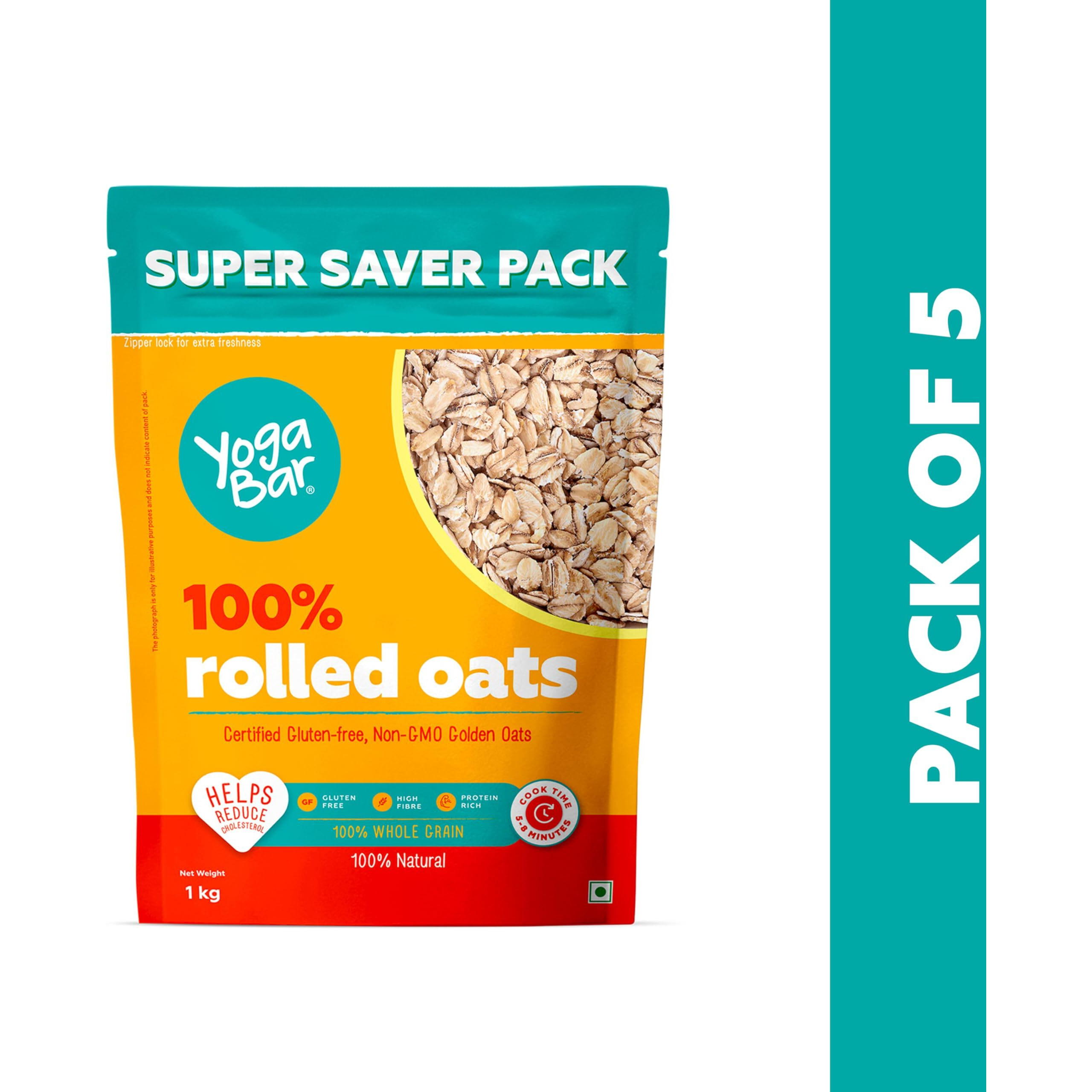 Yogabar 100% Rolled Oats 1kg, Pack of 5 | Premium Golden Rolled Oats, Gluten Free Oats with High Fibre