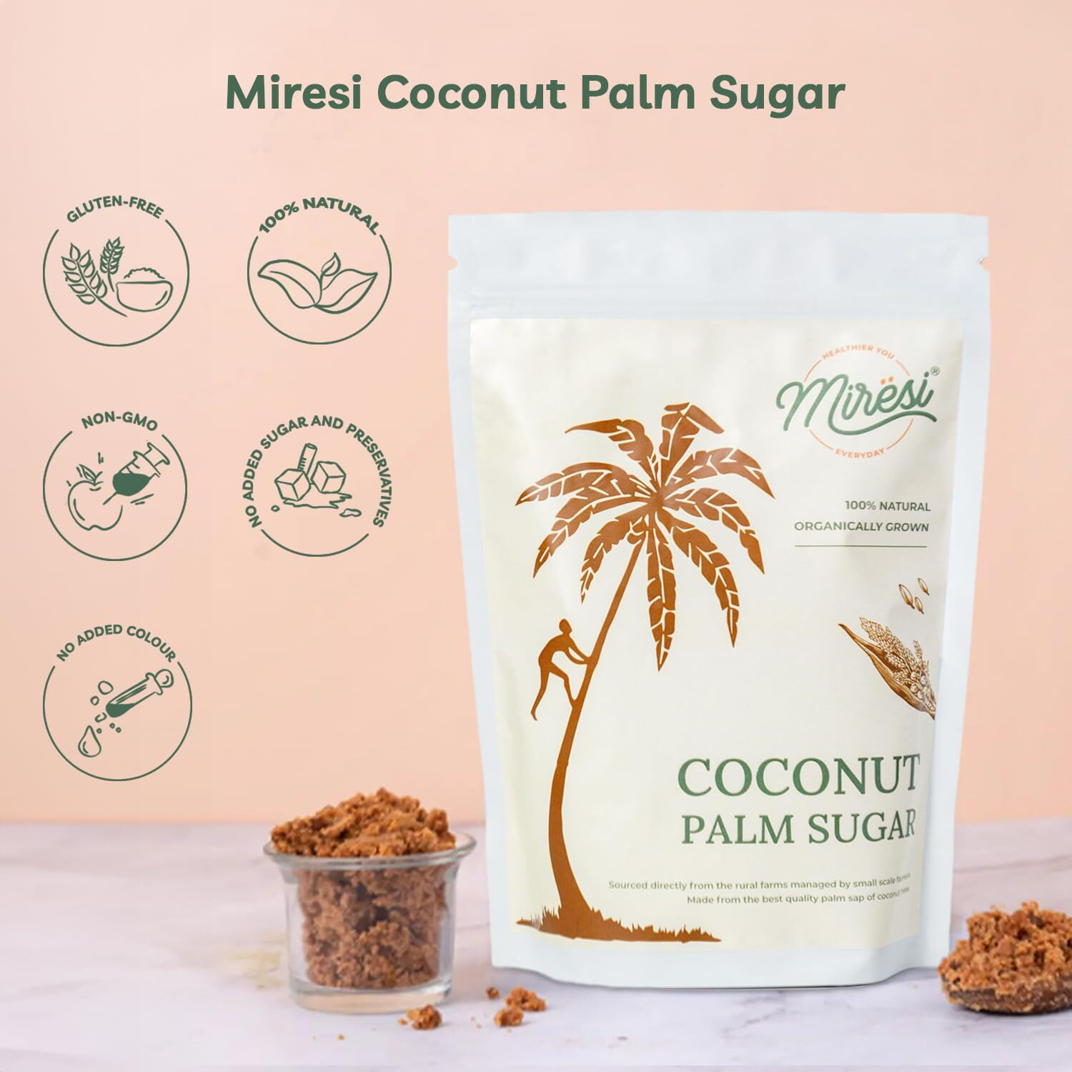 Miresi Natural & Organic Coconut Palm Sugar (350 g) - 100% Pure, Unrefined, Traditional Sweetener, Sugar Alternative, No Preservatives