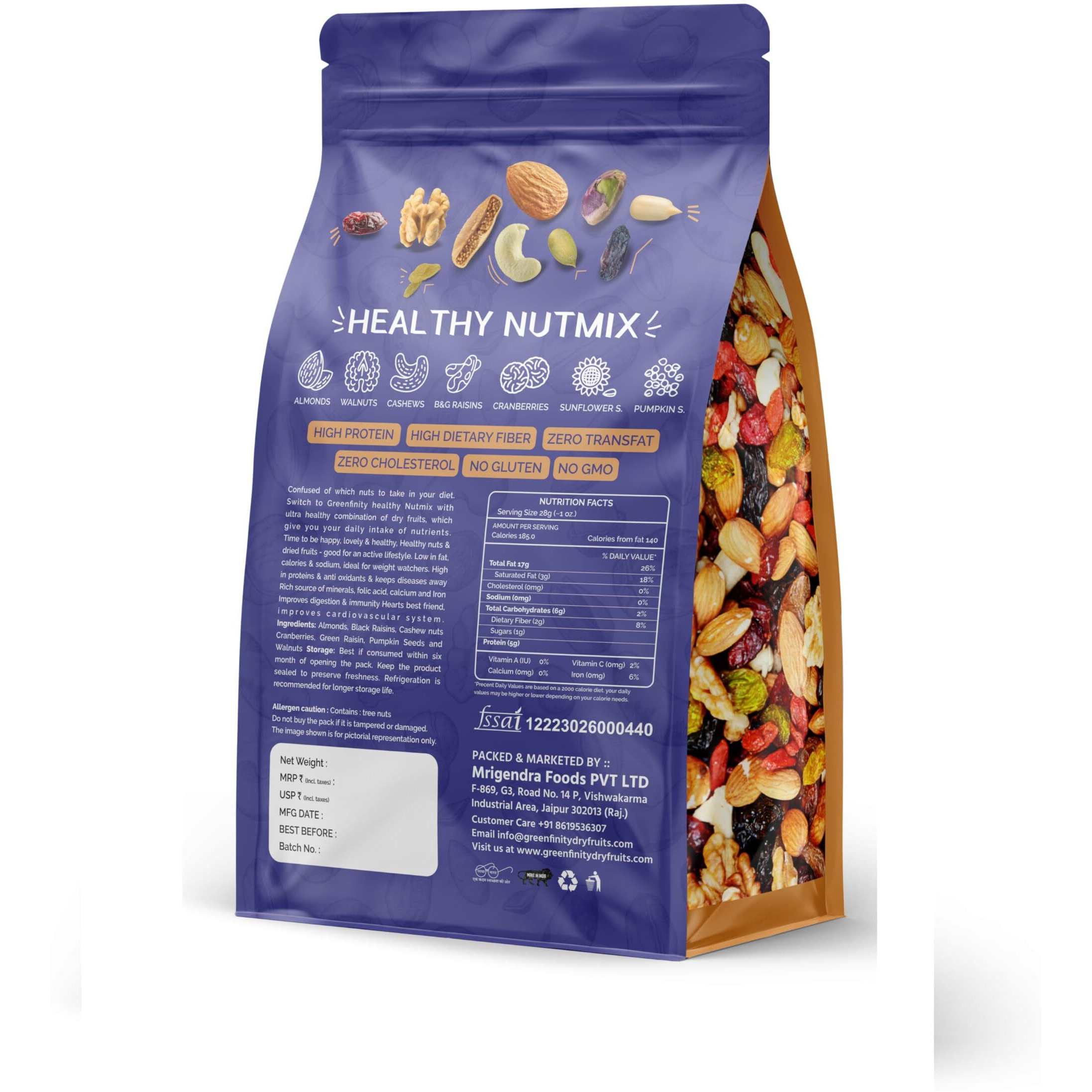 GreenFinity Premium International Healthy Nutmix 1000g, Dried Almonds, Black Raisins, Cashewnuts, Cranberries, Green Raisins & Many More.
