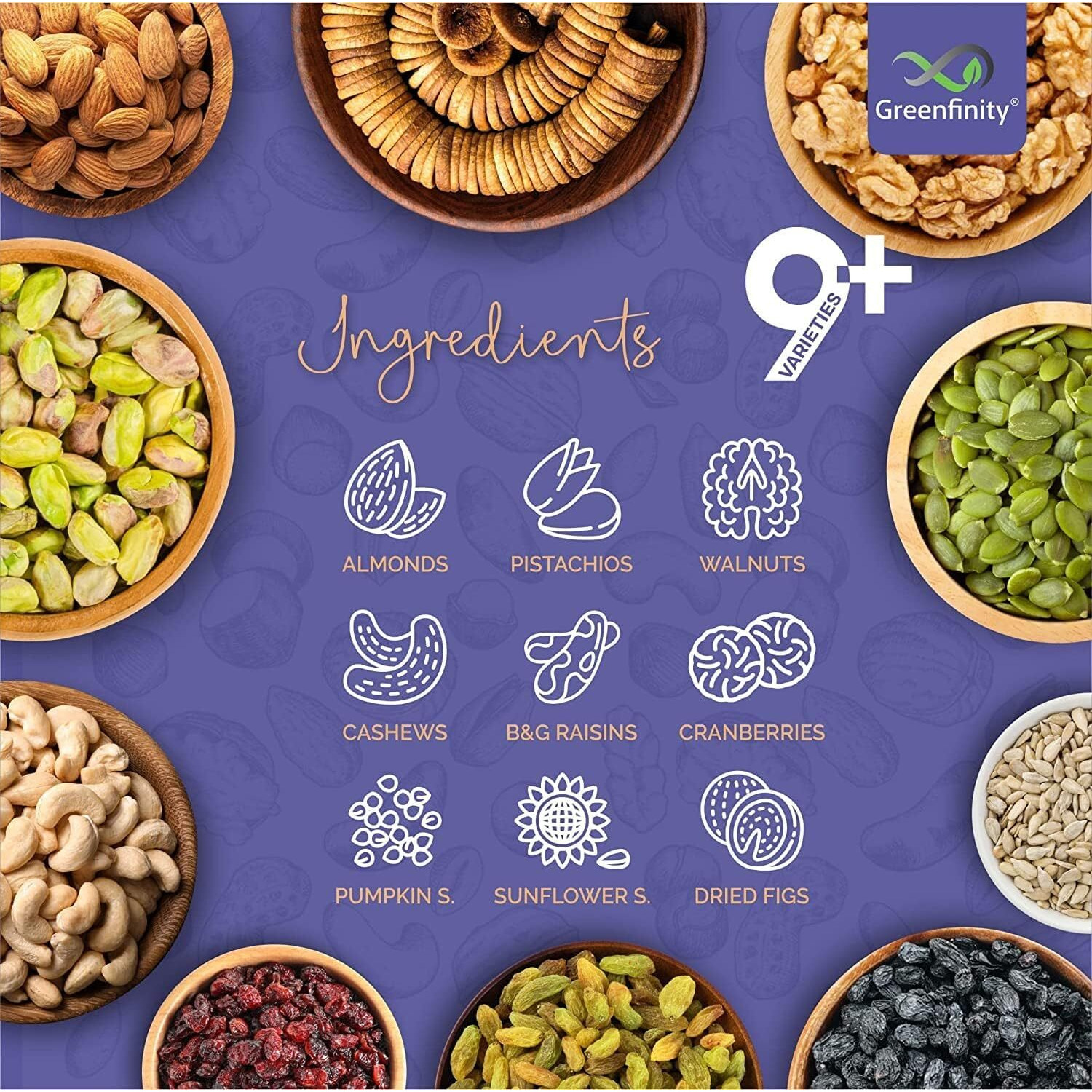GreenFinity Premium International Healthy Nutmix 1000g, Dried Almonds, Black Raisins, Cashewnuts, Cranberries, Green Raisins & Many More.