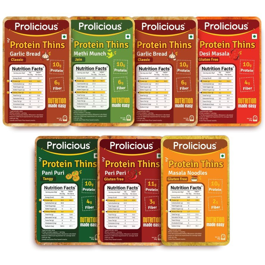 Prolicious High Protein Thins Combo | NO Palm Oil | Crispy | Methi, Pani Puri, Garlic Bread (2), Peri Peri, Masala Noodle and Desi Masala Thins (50g each, Pack of 7)