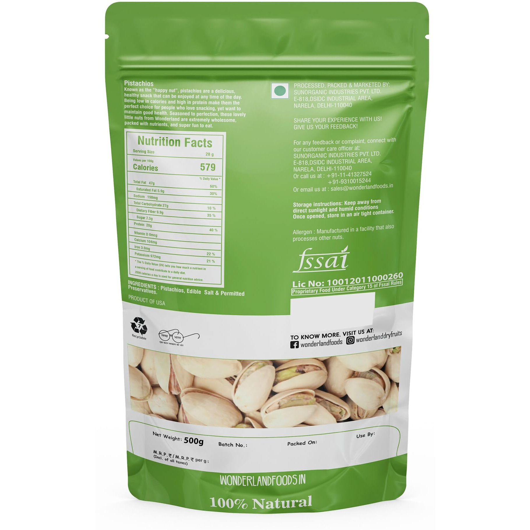 WONDERLAND FOODS (DEVICE) Dry Fruits American California Roasted & Salted Pistachios (Pista) 1Kg (500G X 2) Pouch