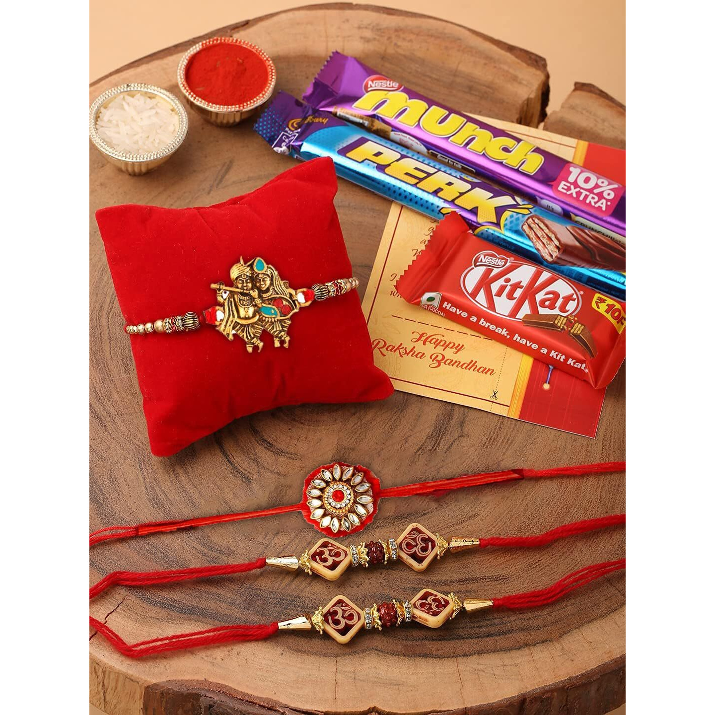 Collectible india (Set of 4) Krishna Rakhi for brother with chocolate Gifts Combo Rakshabandhan Kids Bhai Bhabhi Hamper Krishna Om Rudraksh Rakhi Rakhi for brother combo