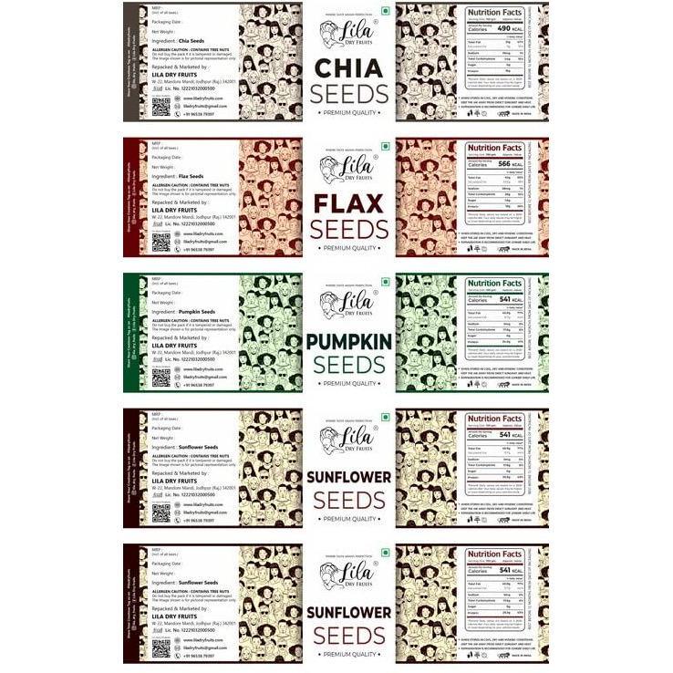 LILA DRY FRUITS 5 Superseed Combo (Chia, Flax, Pumpkin, Sunflower and Watermelon) 500gms each (2.50Kg total) Immunity combo for Weight Loss | Mix Seeds for Eating | Diet Snacks | Superfood