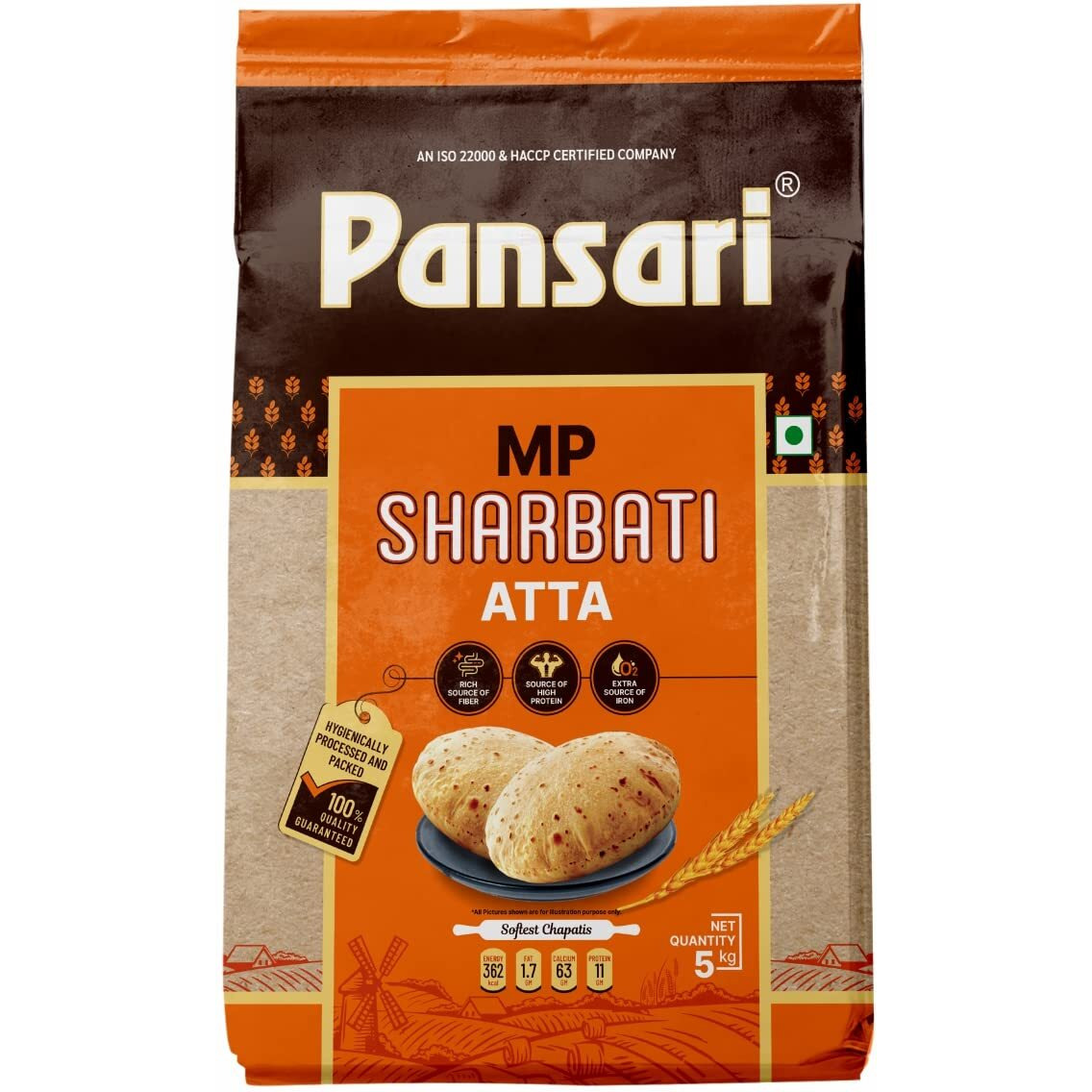 Pansari 100% Natural MP Sharbati Wheat Atta|Fresh from Farms | No Mixture| Ground to Order |Whole Wheat Atta|With No Preservative & Glutten Free- 5Kg