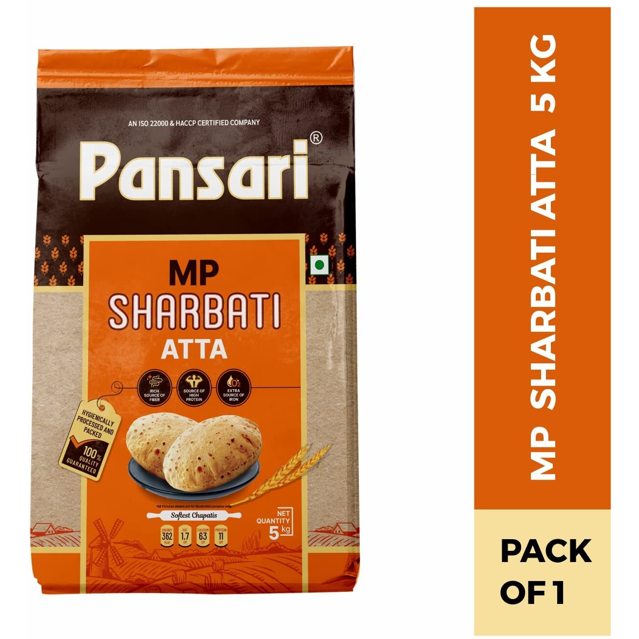 Pansari 100% Natural MP Sharbati Wheat Atta|Fresh from Farms | No Mixture| Ground to Order |Whole Wheat Atta|With No Preservative & Glutten Free- 5Kg