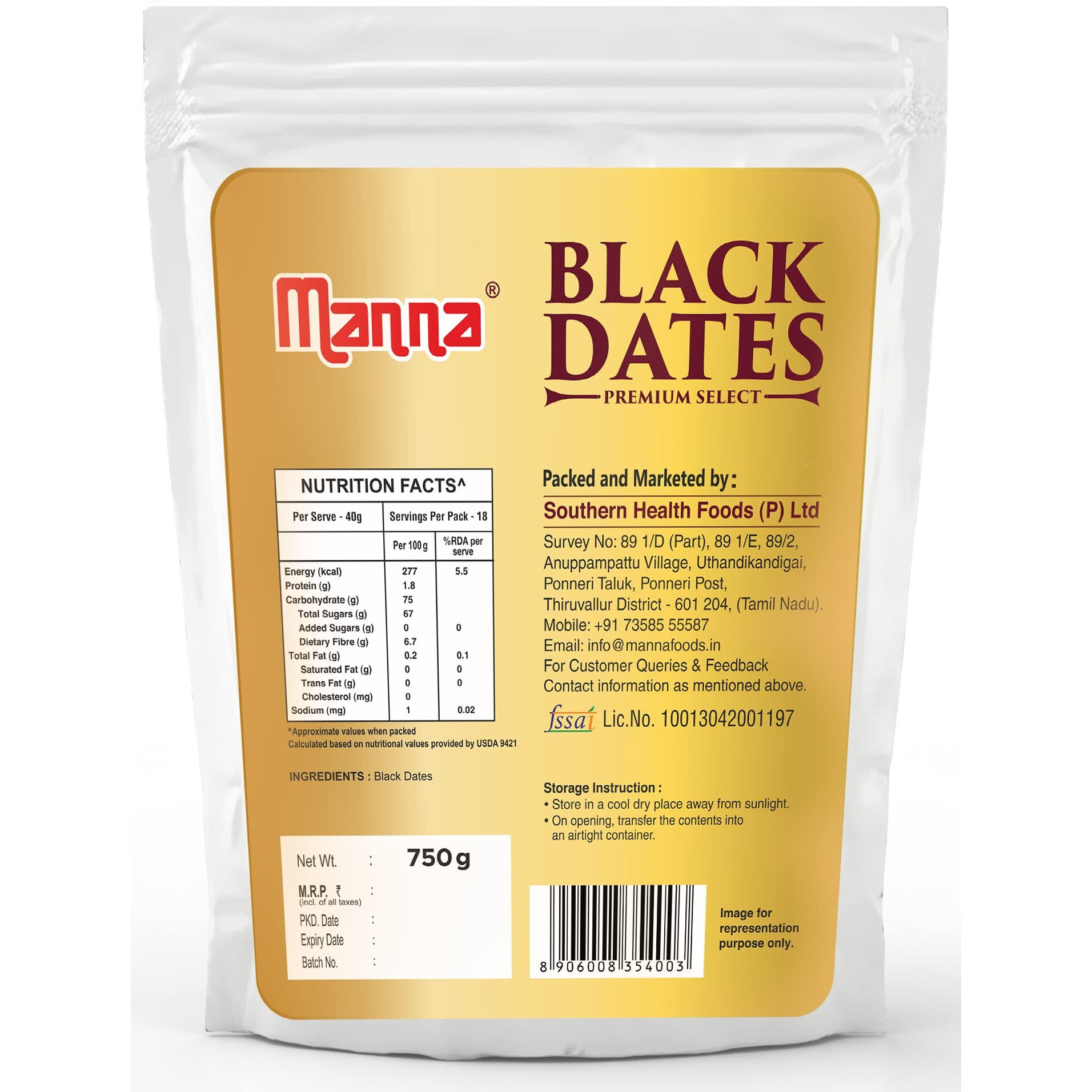 Manna Black Dates 750 grams Khajur Khajoor Fresh 100% Natural. Rich in Iron, Fibre & Vitamins | Premium Imported