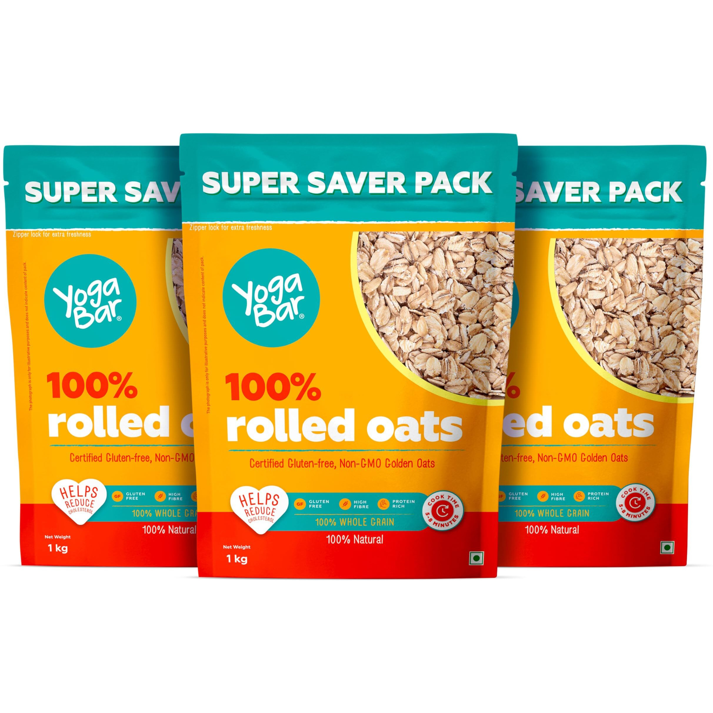 Yogabar 100% Rolled Oats 1Kg, Pack Of 4 | Golden Rolled Oats, Gluten-Free Oats With High Fibre - Plain