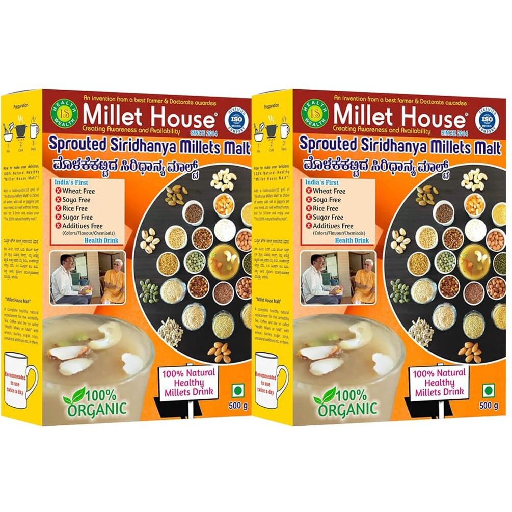 Millet House Sprouted Siridhanya Millets Malt | 30 Natural Ingredients | 100% Healthy Chemical Free Natural Certified Millet Drink | Traditional Millets Organic Mix (1kg) (500g x 2packs)