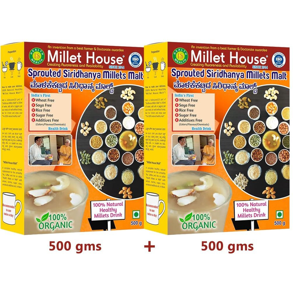 Millet House Sprouted Siridhanya Millets Malt | 30 Natural Ingredients | 100% Healthy Chemical Free Natural Certified Millet Drink | Traditional Millets Organic Mix (1kg) (500g x 2packs)