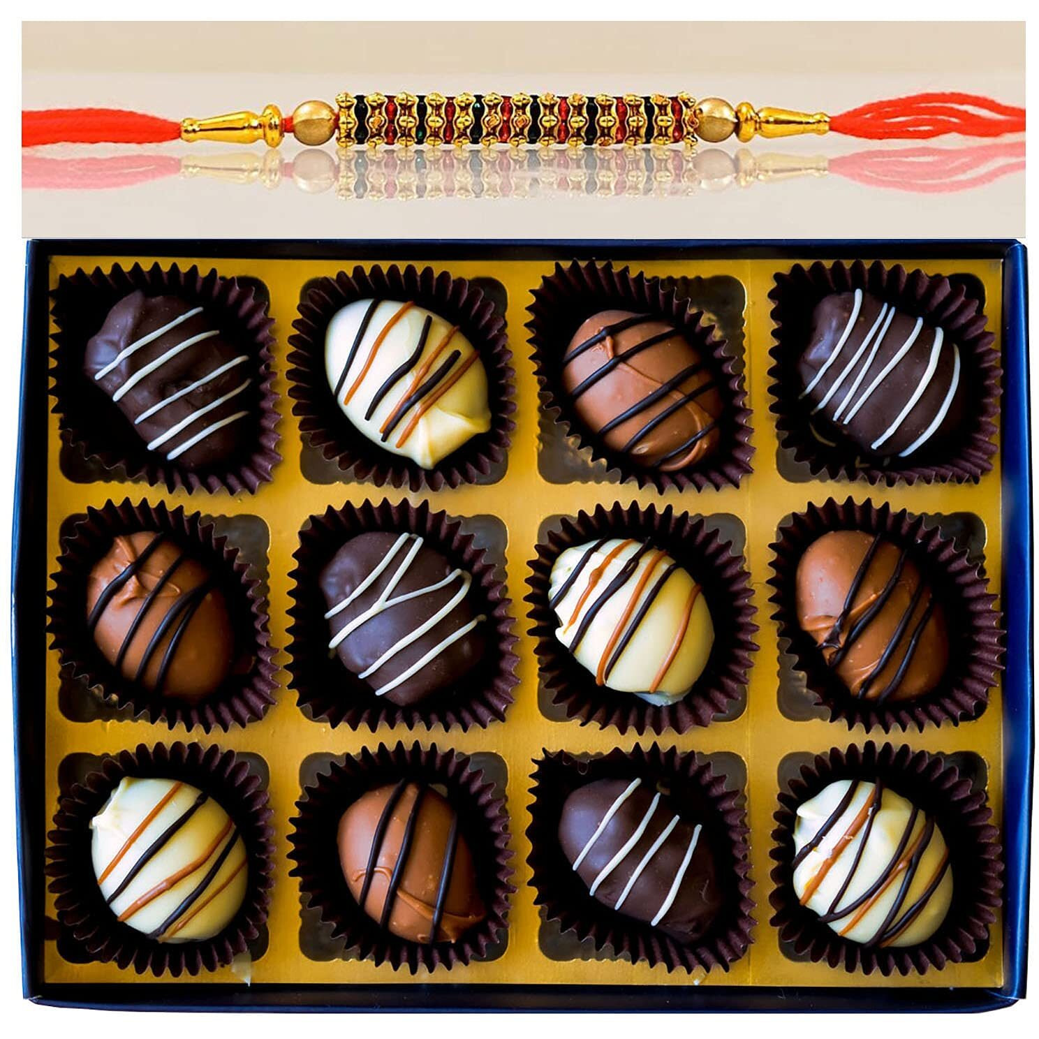 Dalmond Truffles Handmade Almond Date Chocolates Gift Box and Chocolates Gift Pack for Rakhi for Brother Sister -12 Pcs, Assorted - Dark, Milk & White Chocolates Gift Box [250 GMS]