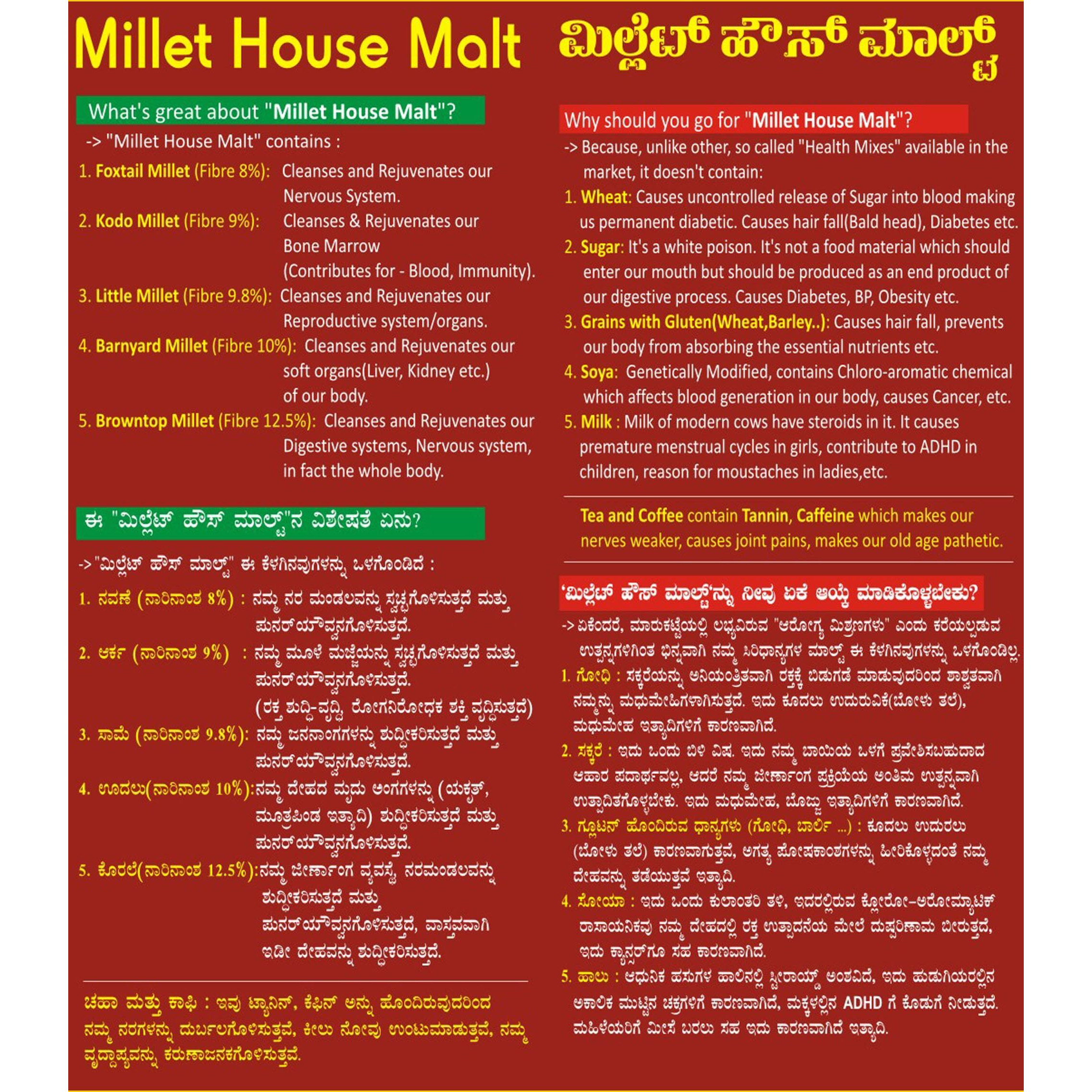 Millet House Sprouted Siridhanya Millets Malt 1KG | 30 Natural Ingredients | 100% Healthy Chemical Free Natural Certified Millet Drink | Traditional Millets Organic Health Mix - (Pack of 1, 1 Kg)
