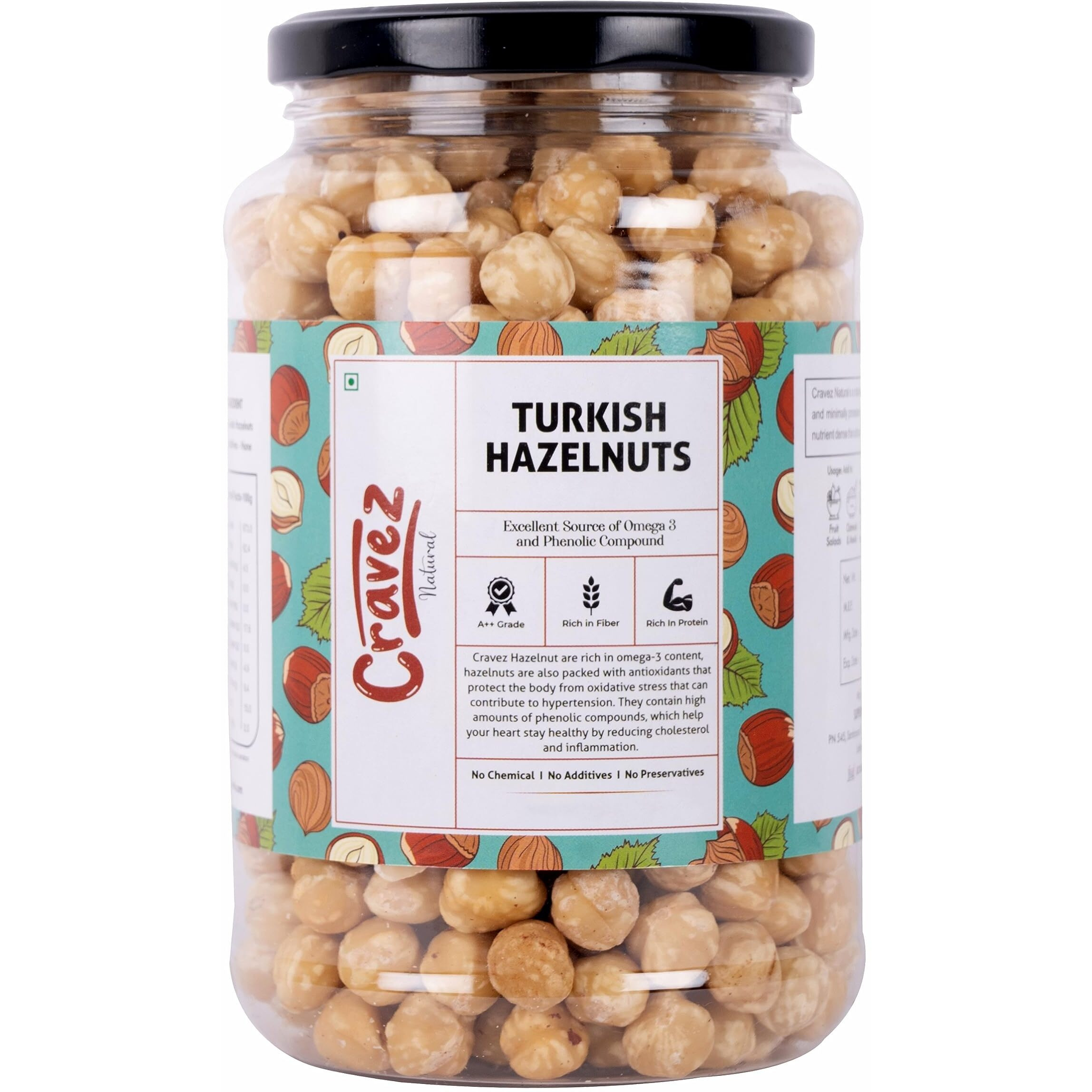 cravez Premium Hazelnuts - (500 Gm) | Unsalted And Crunchy | Excellent Source Of Omega 3 And Phenolic Compound | Hazelnut For Spread,Hazelnut Dry Fruits | Packed In Reusable Premium Jar