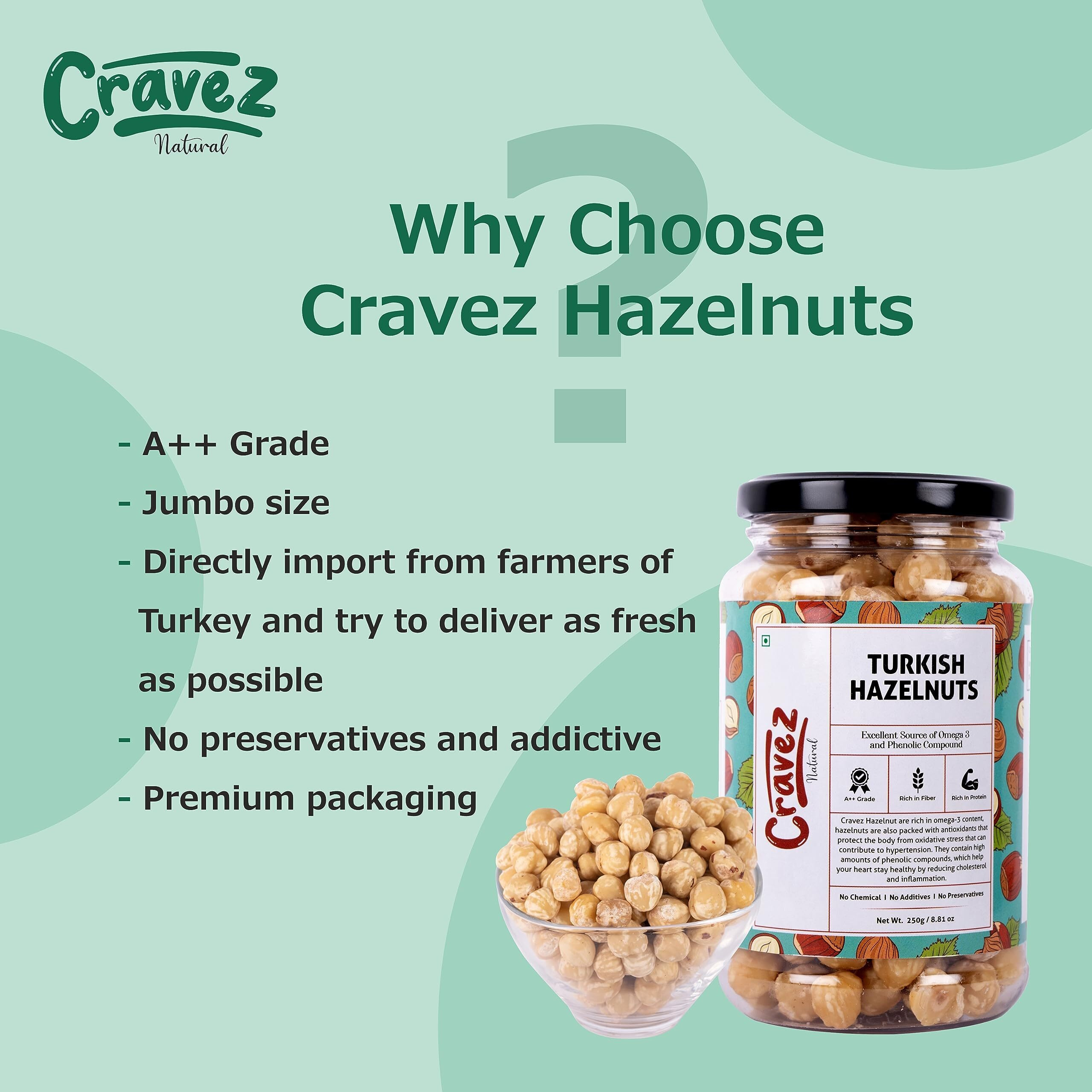 cravez Premium Hazelnuts - (500 Gm) | Unsalted And Crunchy | Excellent Source Of Omega 3 And Phenolic Compound | Hazelnut For Spread,Hazelnut Dry Fruits | Packed In Reusable Premium Jar