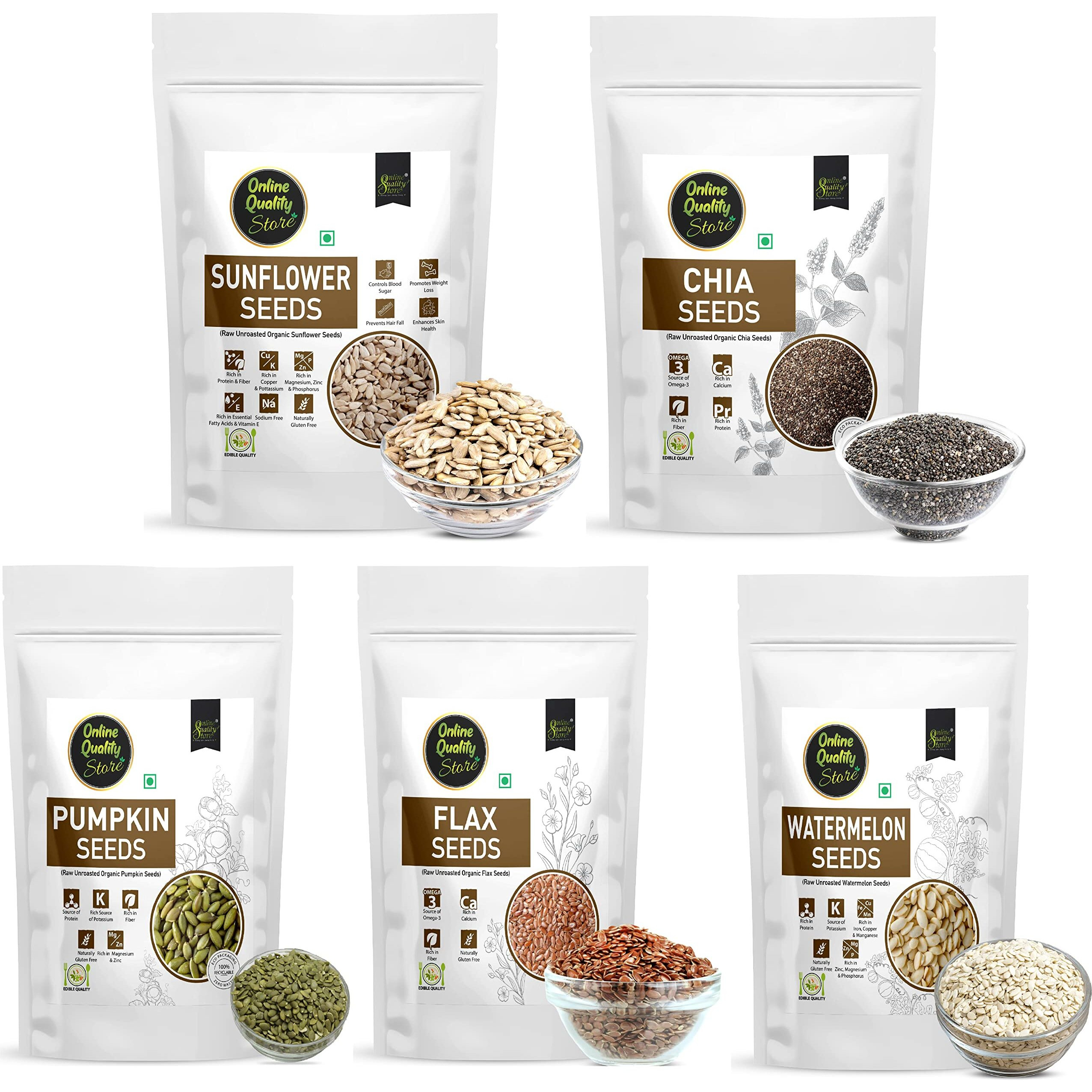 Online Quality Store Raw Organic Combo of Chia, Watermelon, Pumpkin, Sunflower, Flax Seeds -500gm(100gm x 5 Pack) |Unroasted Mix Seeds for eating with Omega 3 and rich in Fiber,Protien for Weight Loss