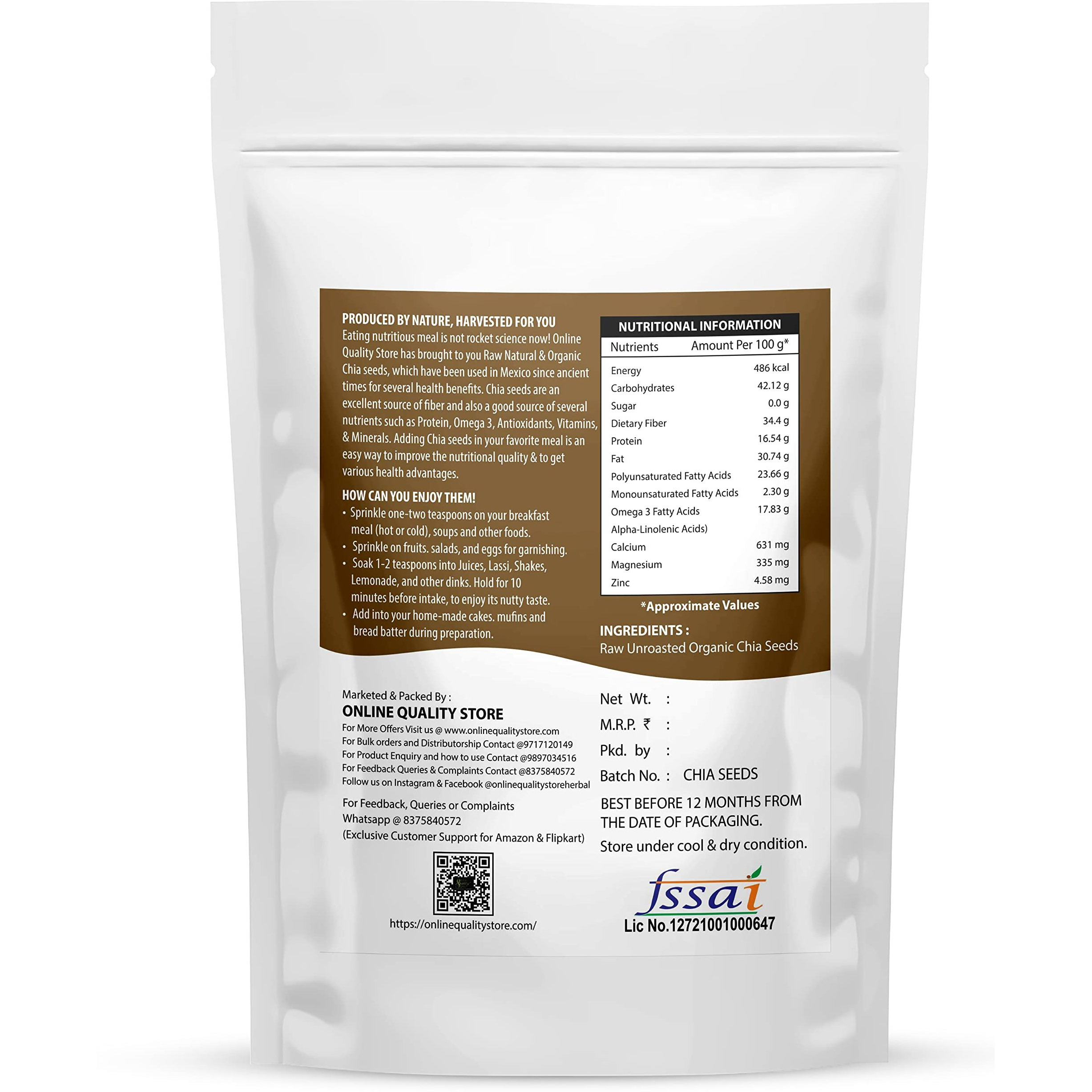 Online Quality Store Raw Organic Combo of Chia, Watermelon, Pumpkin, Sunflower, Flax Seeds -500gm(100gm x 5 Pack) |Unroasted Mix Seeds for eating with Omega 3 and rich in Fiber,Protien for Weight Loss
