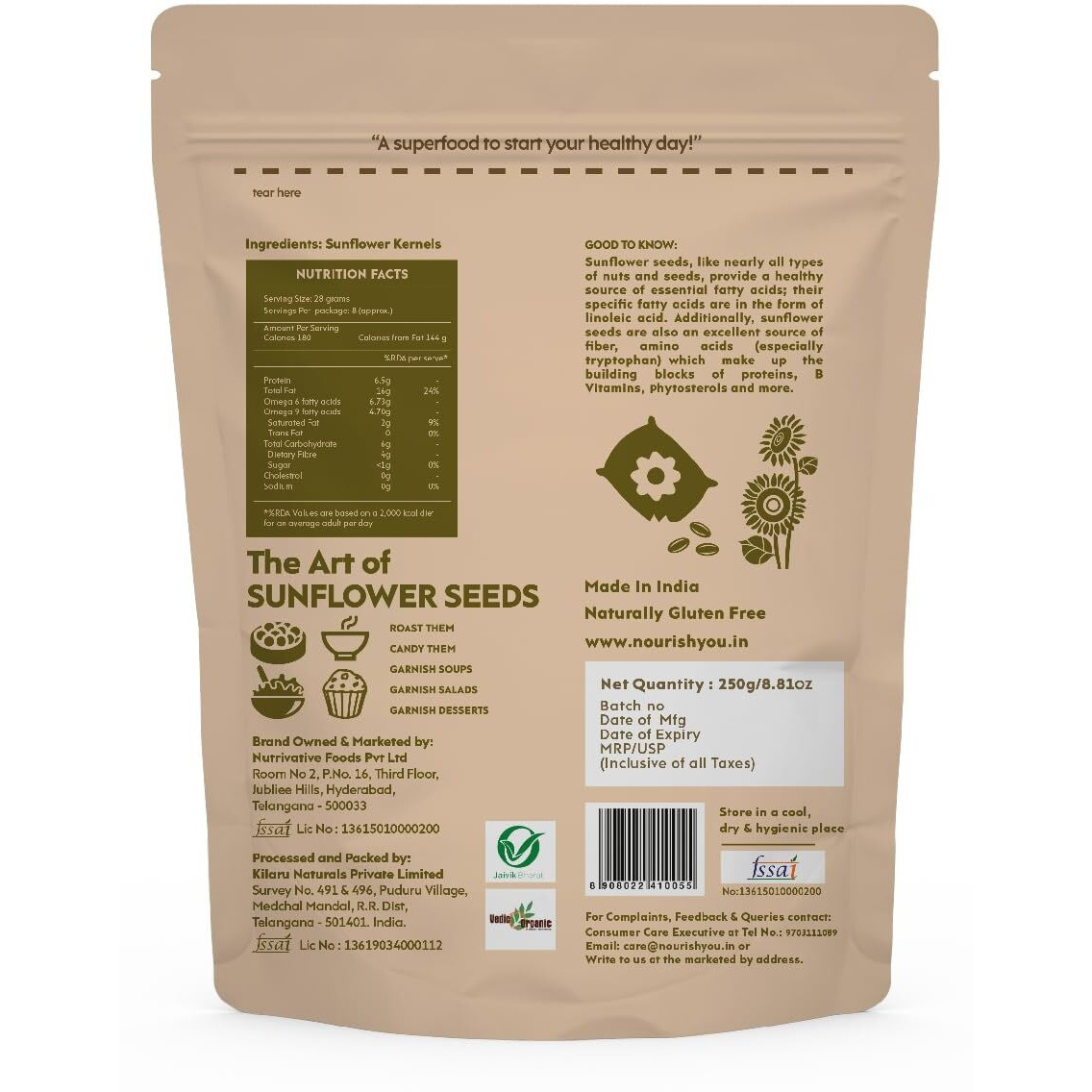 Nourish You Sunflower Seeds 250g - 100% Organic Raw Sunflower Seeds for Eating | Diet Food | Healthy Snack | Raw seeds | Weight management | Source of Antioxidants