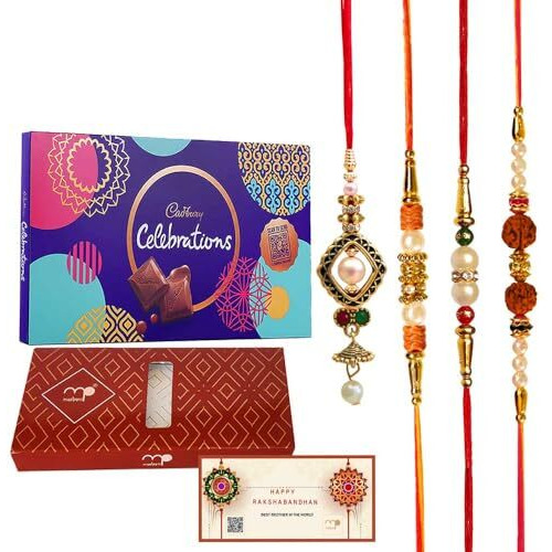 Maalpani Premium Gift Set of 3 Pearl and Rudraksh Rakhi - Chocolates - Celebration Hamper
