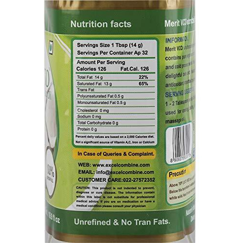 Merit VCO Extra Virgin Coconut Oil - 500 ML | 100% Pure, Edible Grade | For Cooking, Skin & Hair Health, Oil Pulling