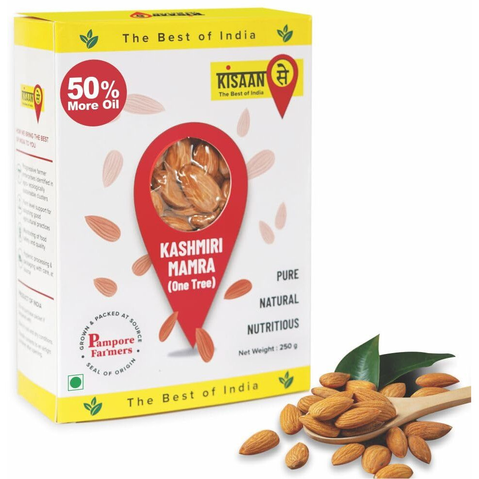 KisaanSay Kashmiri Mamra Almonds 250gm | High Oil Content | Vaccum-Packed At Source | Unpolished Badaam Giri | 100% Natural Crunchy Nuts & Dryfruits | Fresh As Just Harvested | Rich in Protein, Fiber