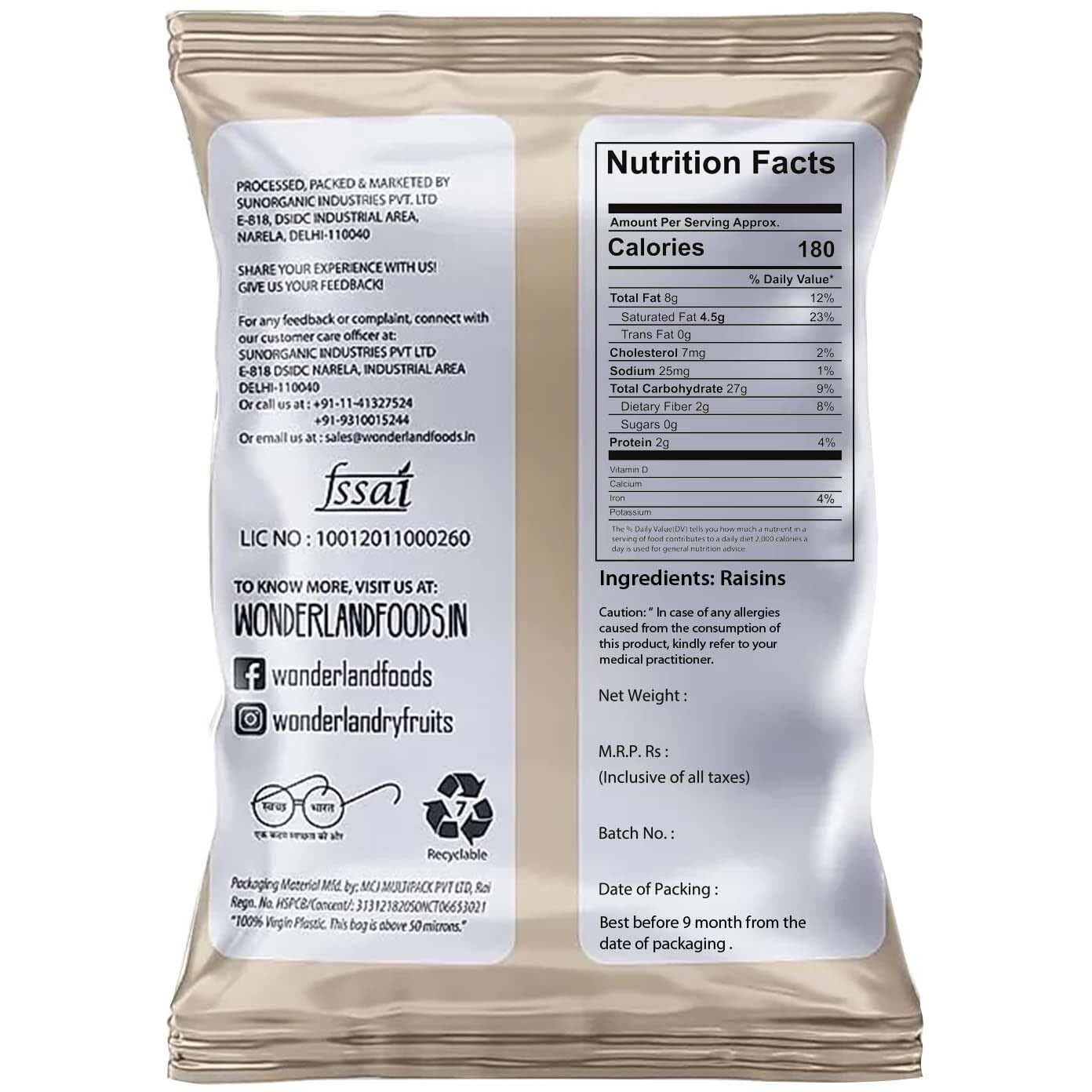 WONDERLAND FOODS (DEVICE) - Platinum Raisin (Kishmish) Dried Grapes 1Kg (500g X 2) Pouch
