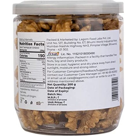 Lagom Gourmet Chilean Walnut Kernels 200g | All Natural | No Preservatives | No Additives | Gluten Free | Vegan | Plant Based | Non GMO | Walnuts Dry Fruit | Walnuts Without Shell | Akhrot Giri