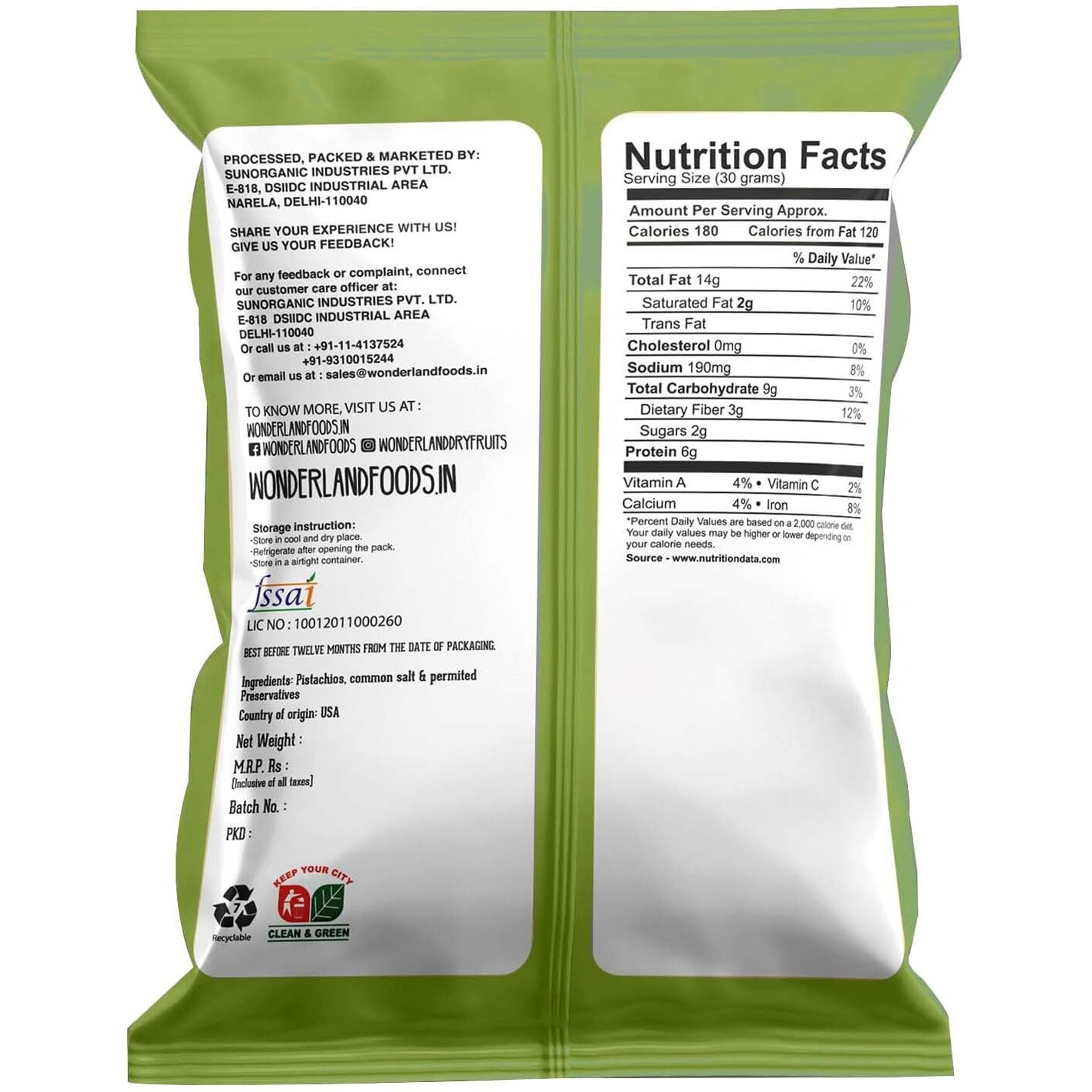 WONDERLAND FOODS (DEVICE) Dry Fruits I American California Roasted & Salted Pistachios (Pista) 250g Pouch