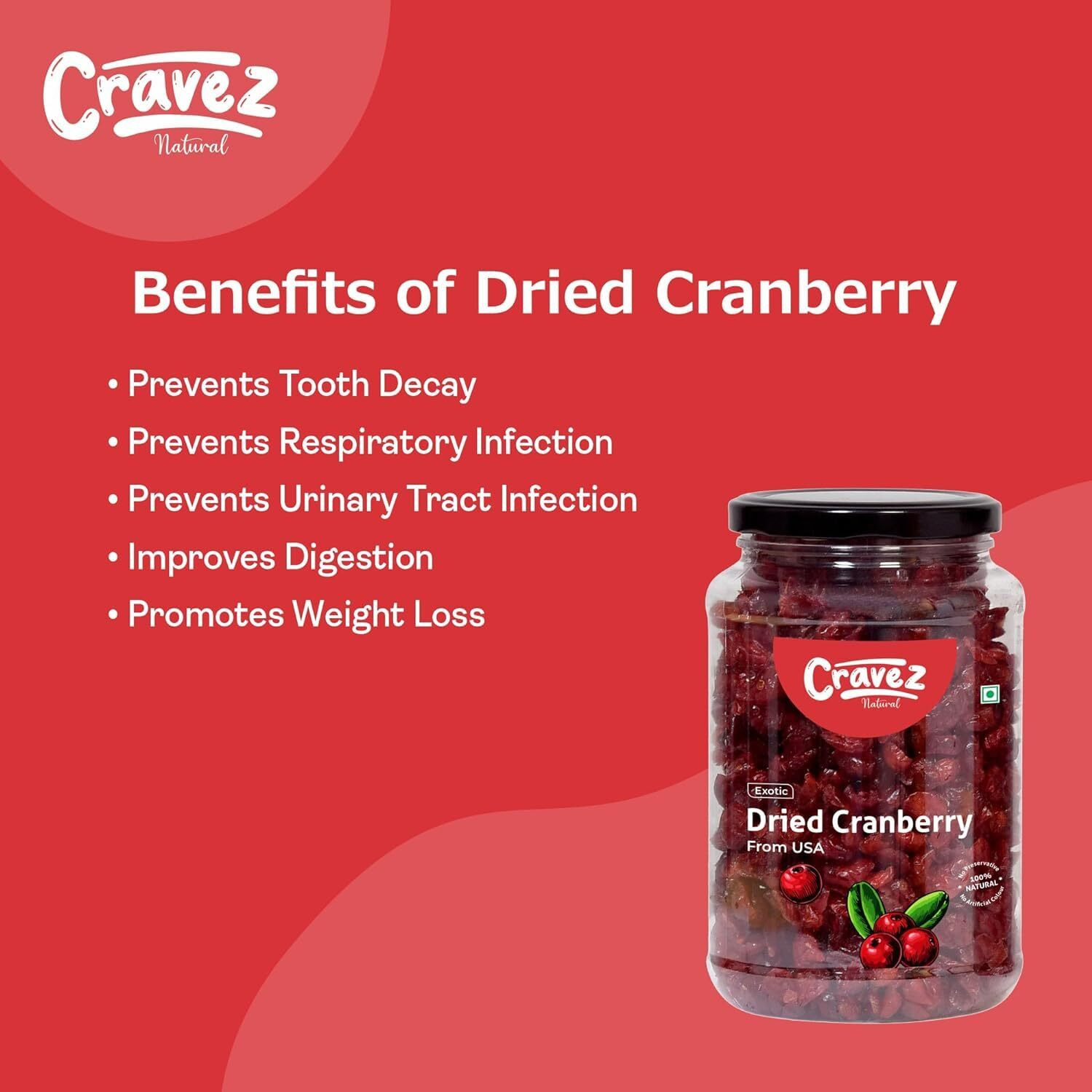 cravez Premium Cranberry - 1 Kg | High Antioxidants, Dietary Fiber & No Gluten, Antioxidant Rich | Sweet Berries - Previously Frozen
