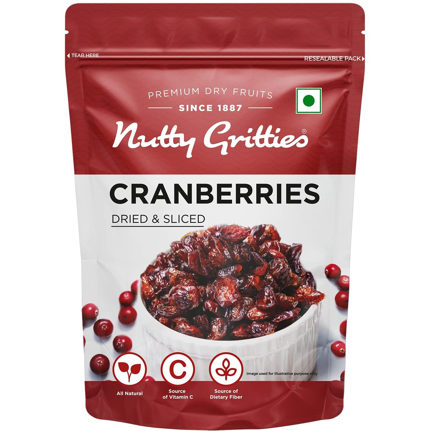 Nutty Gritties Dried US Cranberries 200g | Cranberry, Healthy Snack for kids and adults | Resealable Pouch