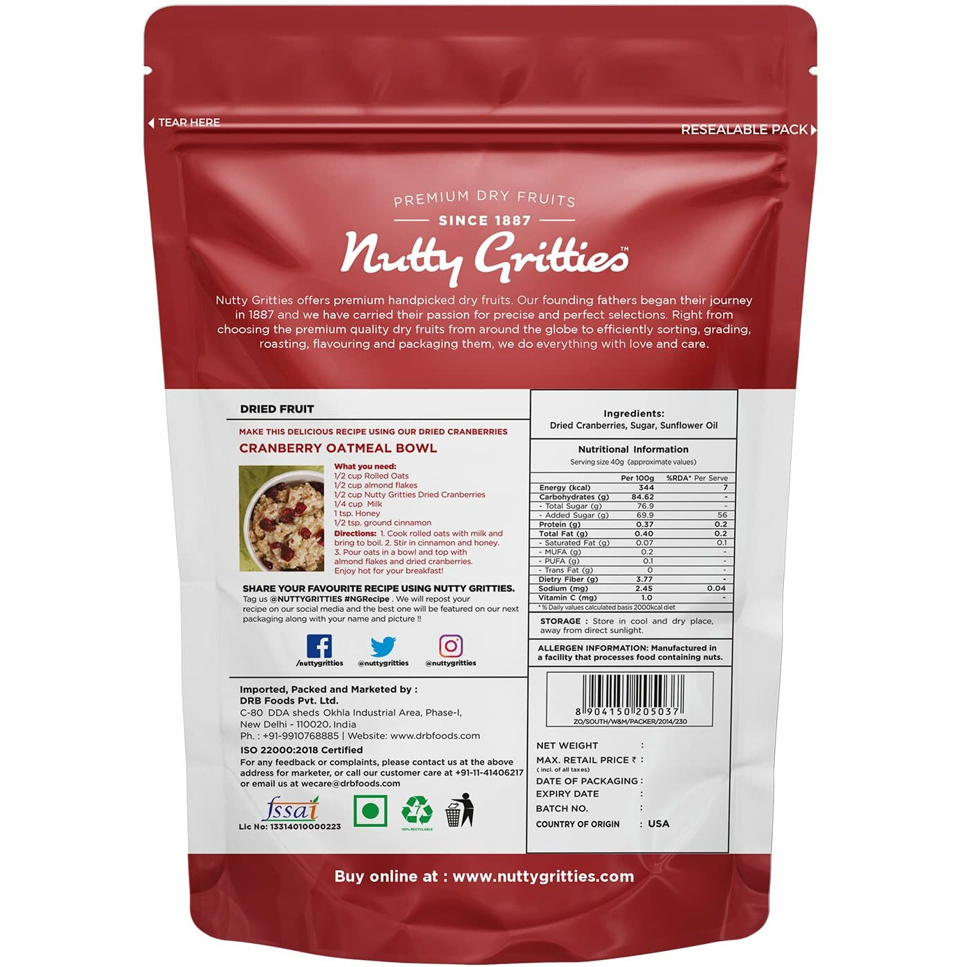Nutty Gritties Dried US Cranberries 200g | Cranberry, Healthy Snack for kids and adults | Resealable Pouch